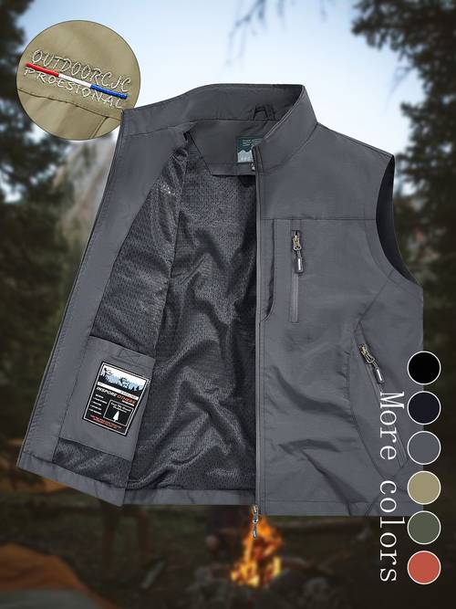 mens outdoor multipurpose cargo vest lightweight breathable mens sleeveless vest jacket stand collar zipper closure multiple utility pockets loose fit for spring autumn outdoor fishing hiking machine washable polyester casual windbreaker