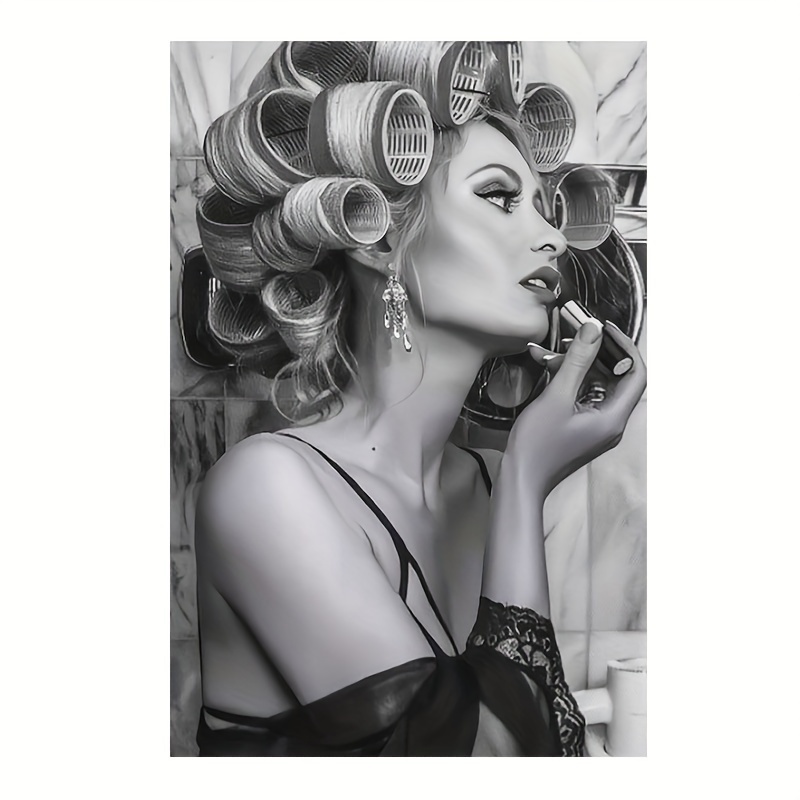 

Vintage-inspired Hair Salon Canvas Wall Art, Elegant Woman With Curlers Beauty Poster, Waterproof Soft Canvas Material, Frameless Decorative Painting For Living Room And Home Aesthetics, 12x18 Inches