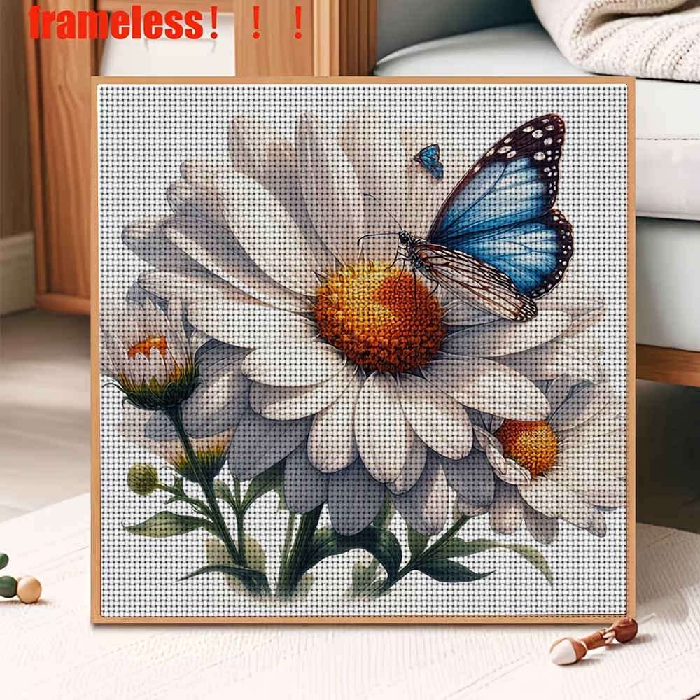 DIY Cross Stitch Printed Kit, Frameless, "White Daisy And Blue Butterfly" Pattern
