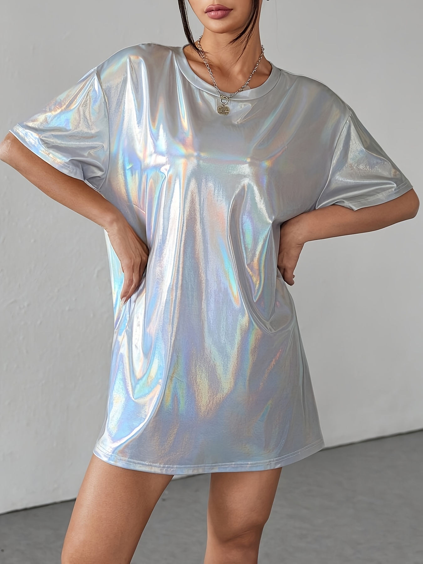 Women's Elegant Loose-Fit Iridescent Metallic T-Shirt Dress *-Length  Short Sleeve Round Neck, Hand Washable Solid Color Versatile Casual to  Formal