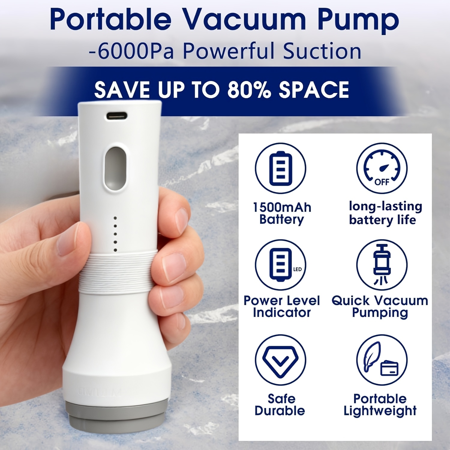 portable vacuum compression pump rechargeable wireless suction pump 5kpa suction lightweight 135g for travel bags storage not included
