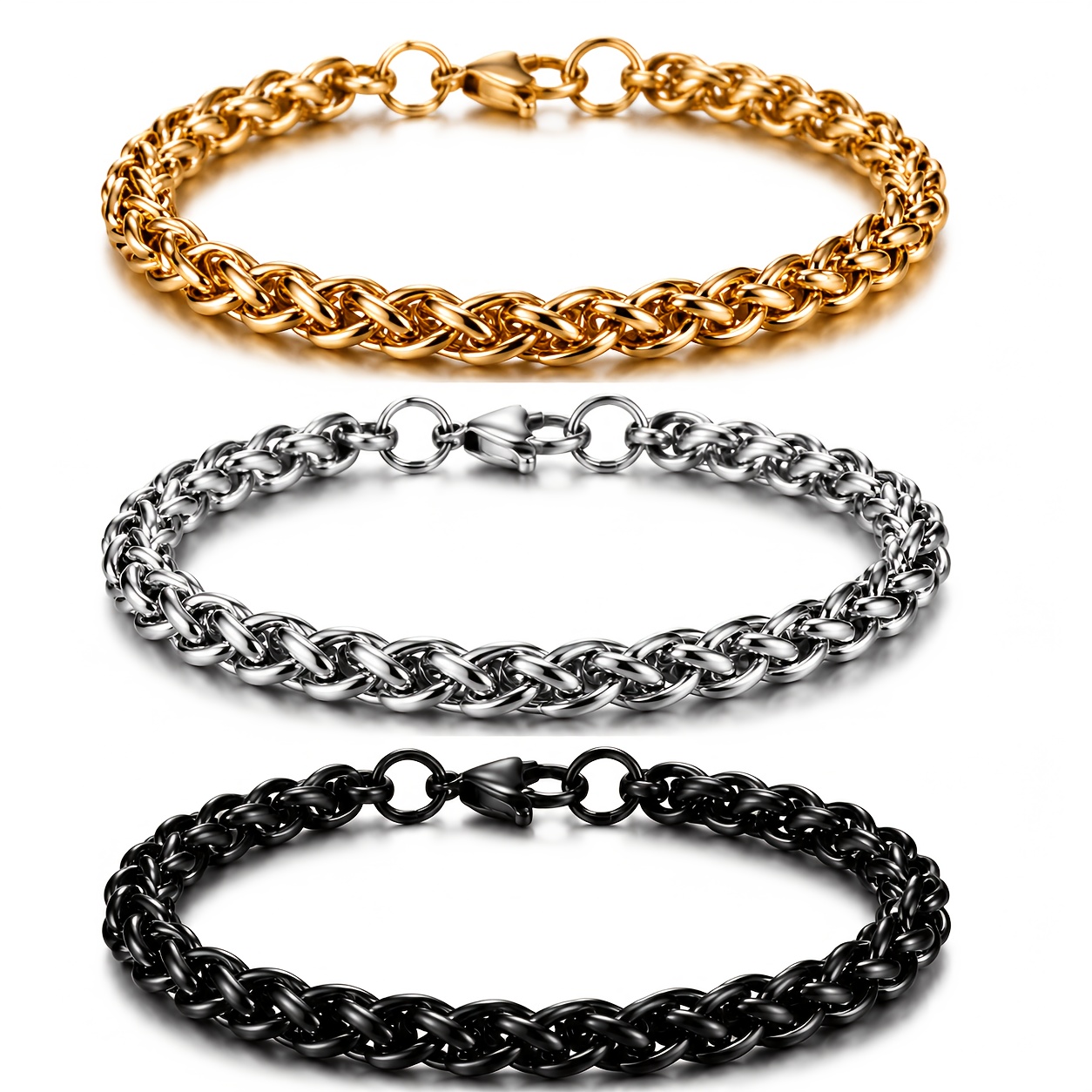 TEMU 3pcs Stainless Bracelet Set, Golden, Silvery, And Black Three-, High-end Niche Stainless Steel Jewelry Set, Exquisite Hypoallergenic Jewelry,