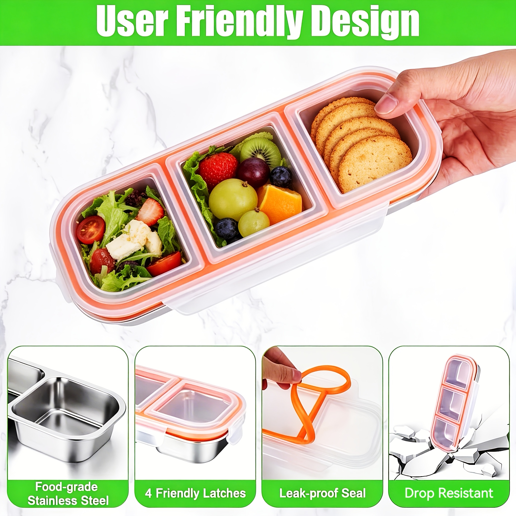 TEMU 1-2 Pack / 304 Stainless Steel Divided Fresh-keeping Box / Lunch Box With Sealed Lid / Snack Box / Leak-proof Food Storage Box / 3-compartment