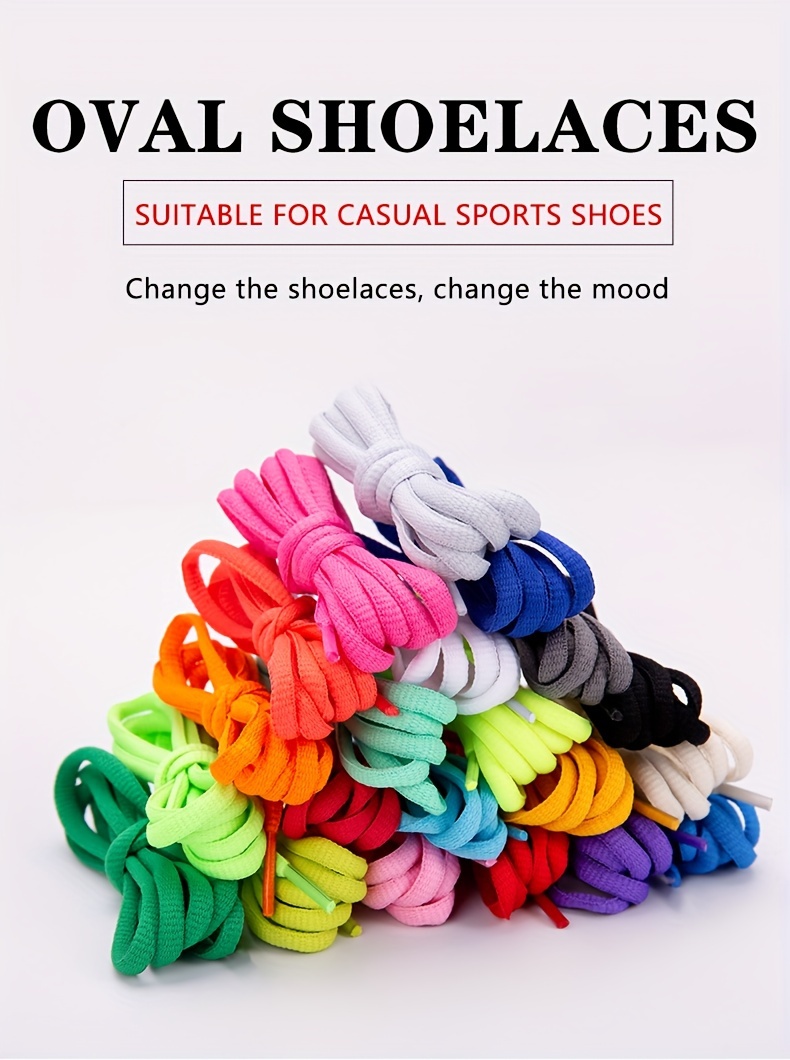 1pair Oval Shoelaces For Various Sports, Casual, And Canvas Shoes - Durable Polyester And Spandex, Simple Solid Colors, Hand Washable, Knit Design With Rainbow Details