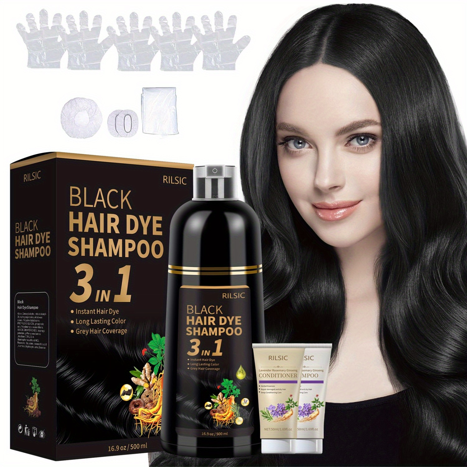 TEMU Ensemble Shampooing Teinture RILSIC - Ingrédients Naturels, Teinture Instantanée Facile à Base de Plantes, Noir Naturel, Brun Foncé, Couverture
