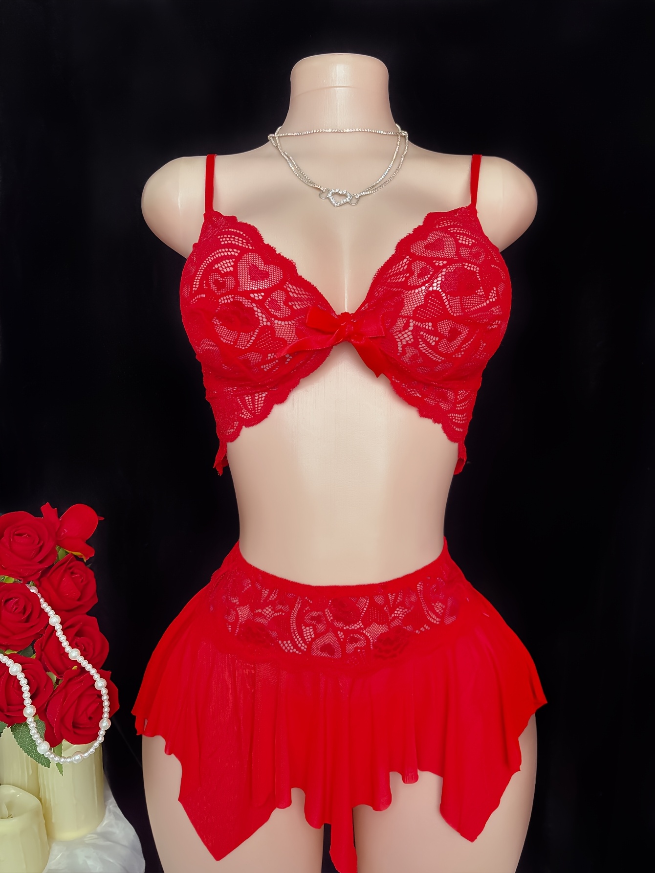Valentine'S Day Gift Sexy Lace Heart Patch Tulle Lingerie 3pcs Set