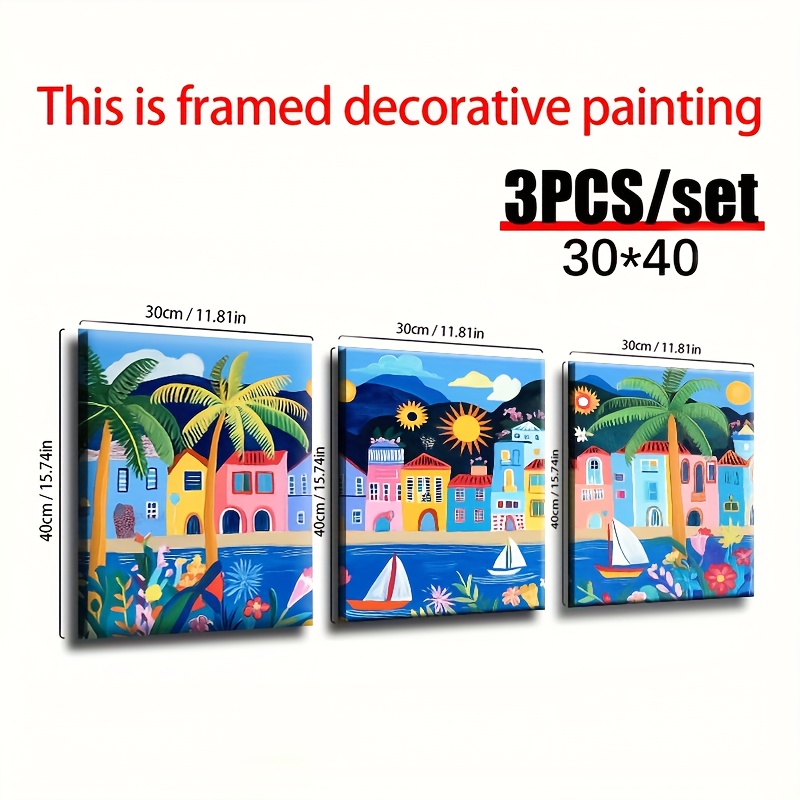 TEMU en Enmarcado - de Río de , Brasil (30.0x40.01 cm) Set de 3 Piezas, Edificios Coloridos y Mar, de Madera, Ideal para Hogar, Sala, Cafetería,