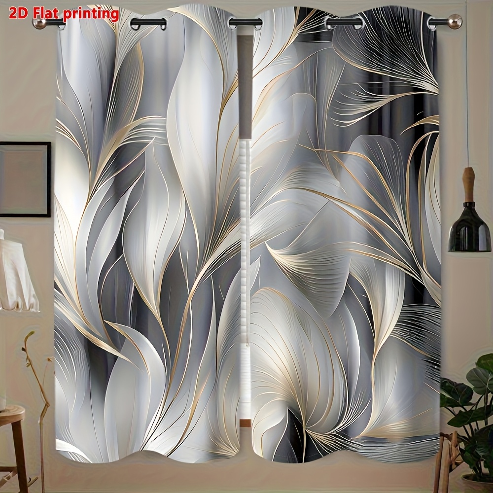 TEMU 2d Flat - 2d Flat - 2pcs, 2d Flat Printing Golden And Silvery Leaf Pattern Geometric Art Curtains, With Drilled Holes, , Polyester Material Soft