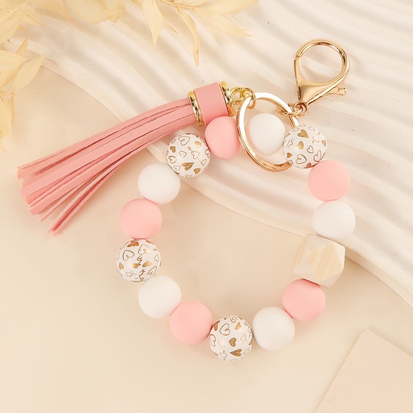 Image of Silicone Beaded Keychain Print Wooden Beads, Casual Bag Charm For Daily Wear, Creative, Pendant