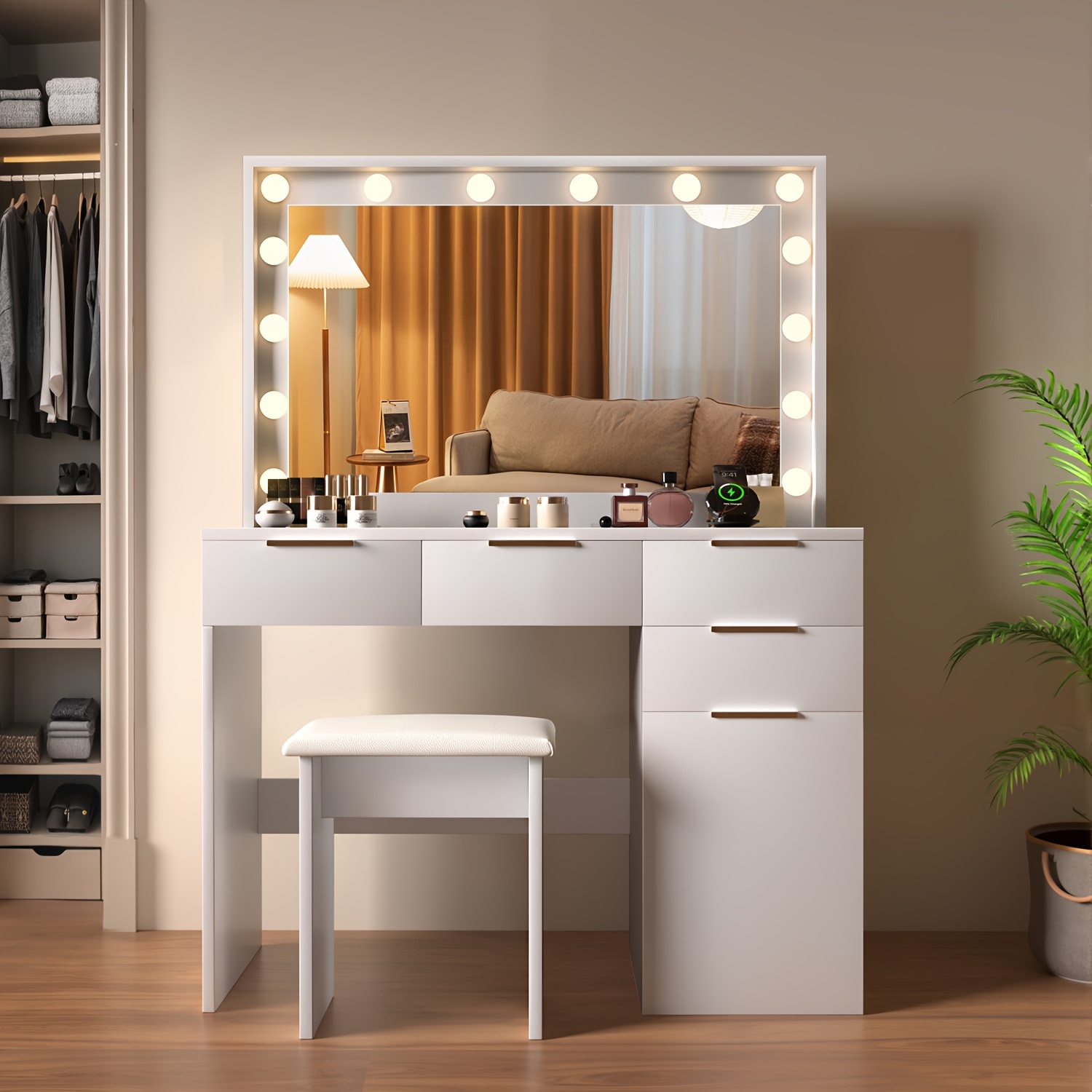E-shop Schickes Schminktisch-Set mit großem Spiegel und Beleuchtung, weißer Kosmetikschreibtisch mit 5 Schubladen aus MDF, moderner Make-up-Tisch in