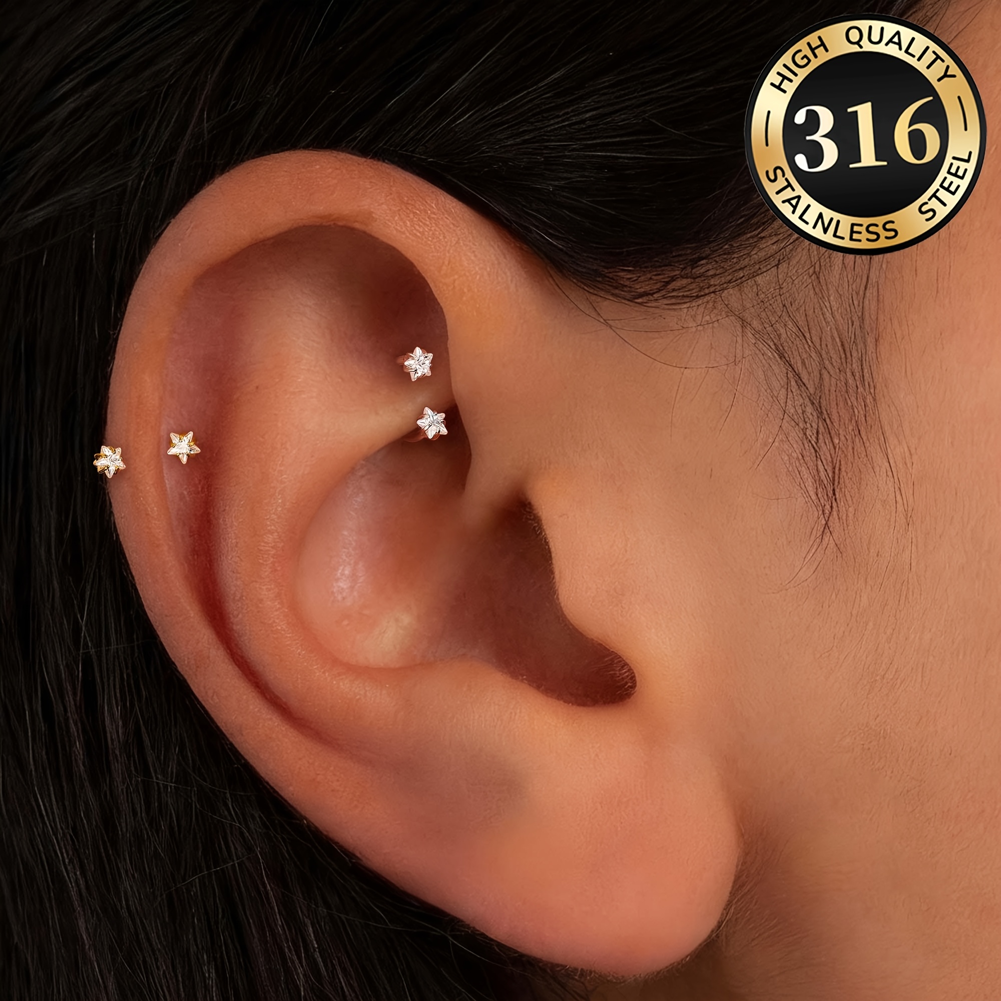 TEMU 2pcs Fashionable Steel Zirconia Star Cartilage Earrings, Horseshoe Multi-functional Piercing Nose Ring Jewelry Accessory, Suitable For Daily