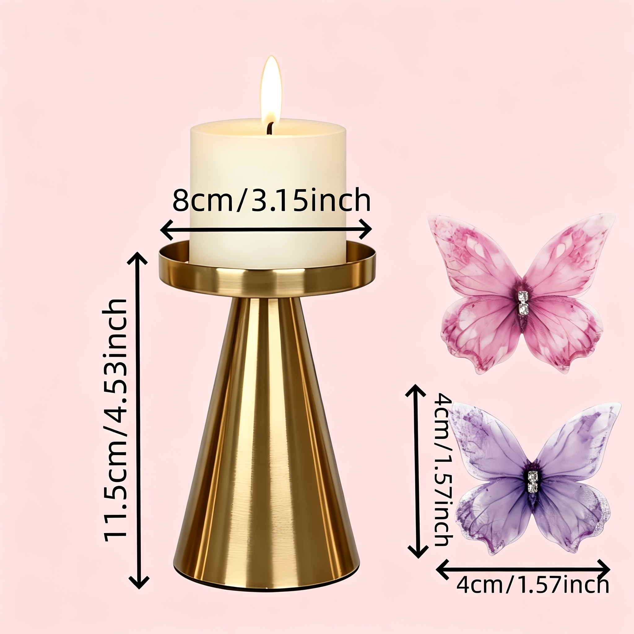 TEMU 1 Modern Conical Copper Color Candlestick, (gift With Diamond-studded Pink And Purple Ornaments) Suitable For Pillar Candles, Weddings, Parties,