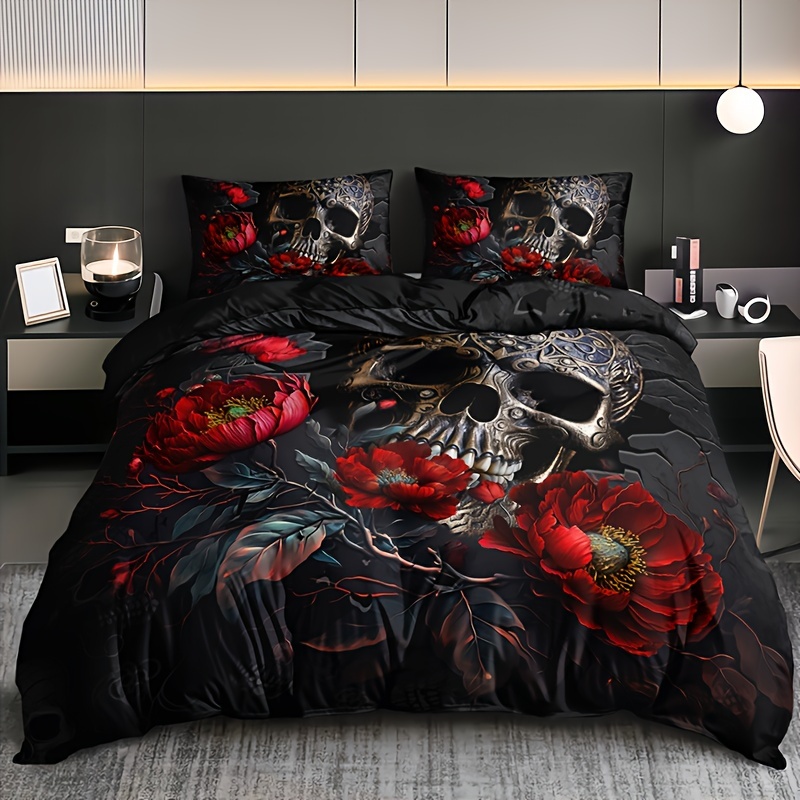 

3pcs Gothic Floral Duvet Cover Set (1 Duvet Cover + 2 Pillowcase Without Pillow Insert), Soft Breathable Hd Printing Bedding Set For Home Dorm Decor