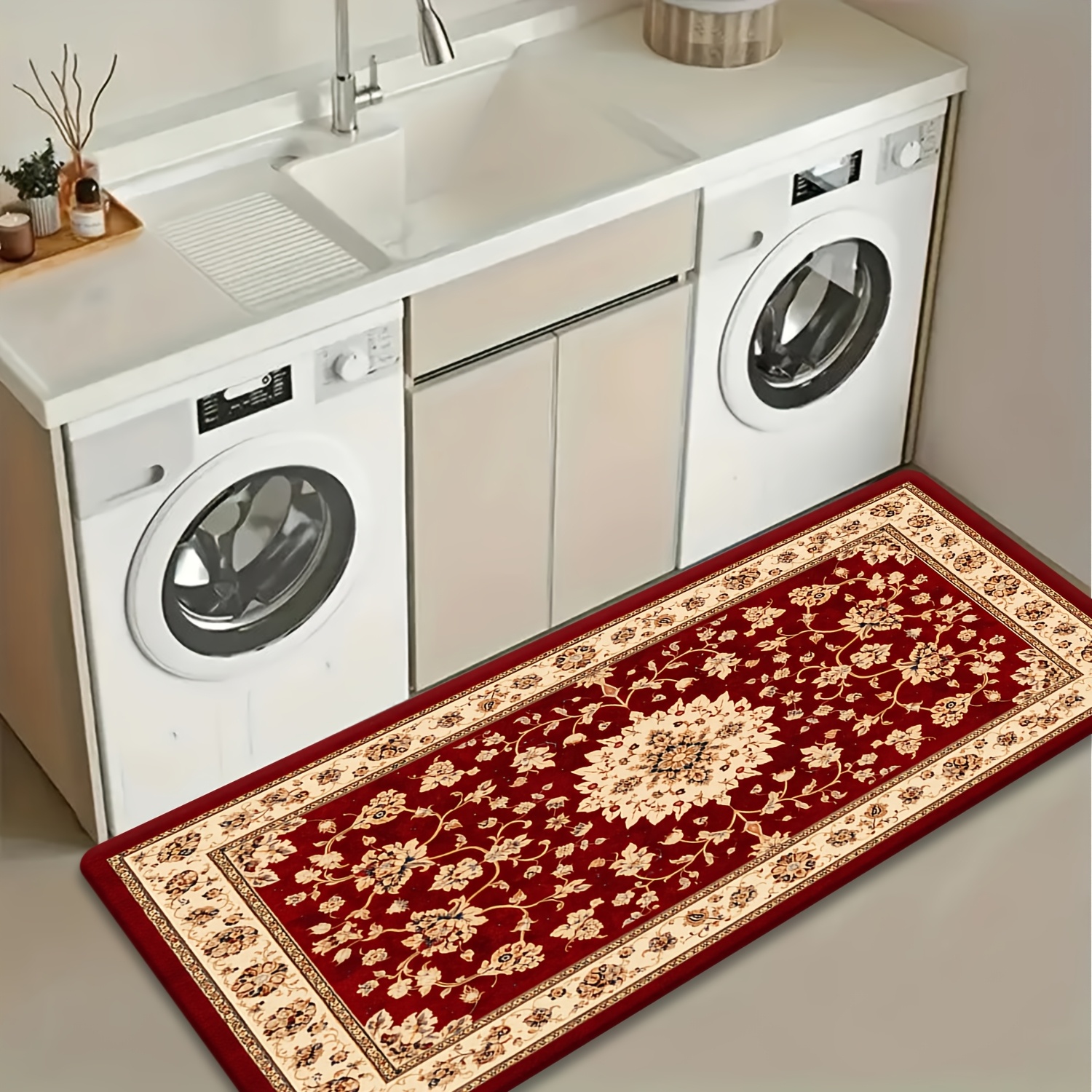 TEMU 1pc Moroccan Style Long Runner Mat, Vintage Floral Decorative Non-slip Carpet, Machine Washable And Fade-resistant, Soft Comfortable Durable,