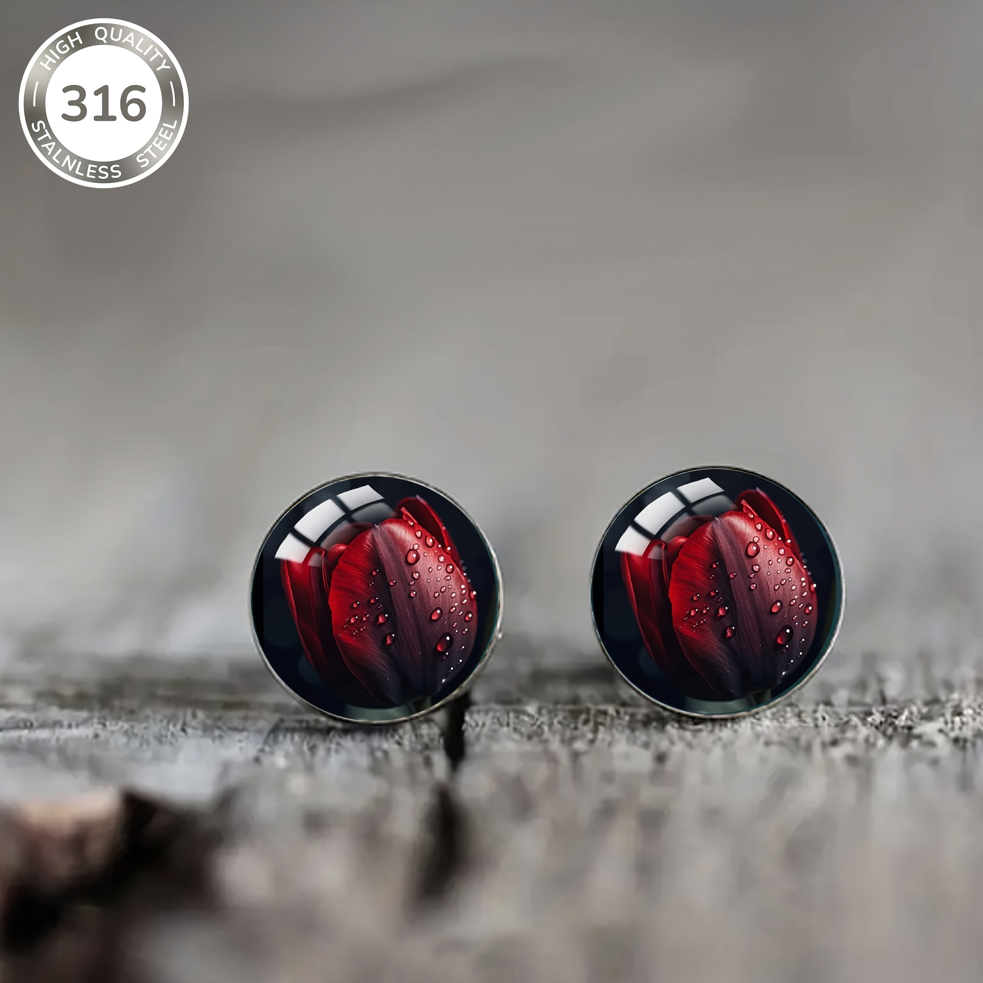 1pair Of Red Teardrop Rose Pattern Steel Stud Earrings With Convex Glass, Classic And Elegant Style Men's And Women' Holiday Jewelry Earrings Valentine's Day Gift