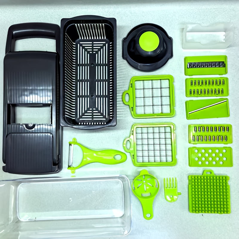 TEMU Coupe-légumes 16-en-1 - Trancheuse alimentaire manuelle multifonction avec récipient, ensemble d'outils de cuisine en plastique avec panier de