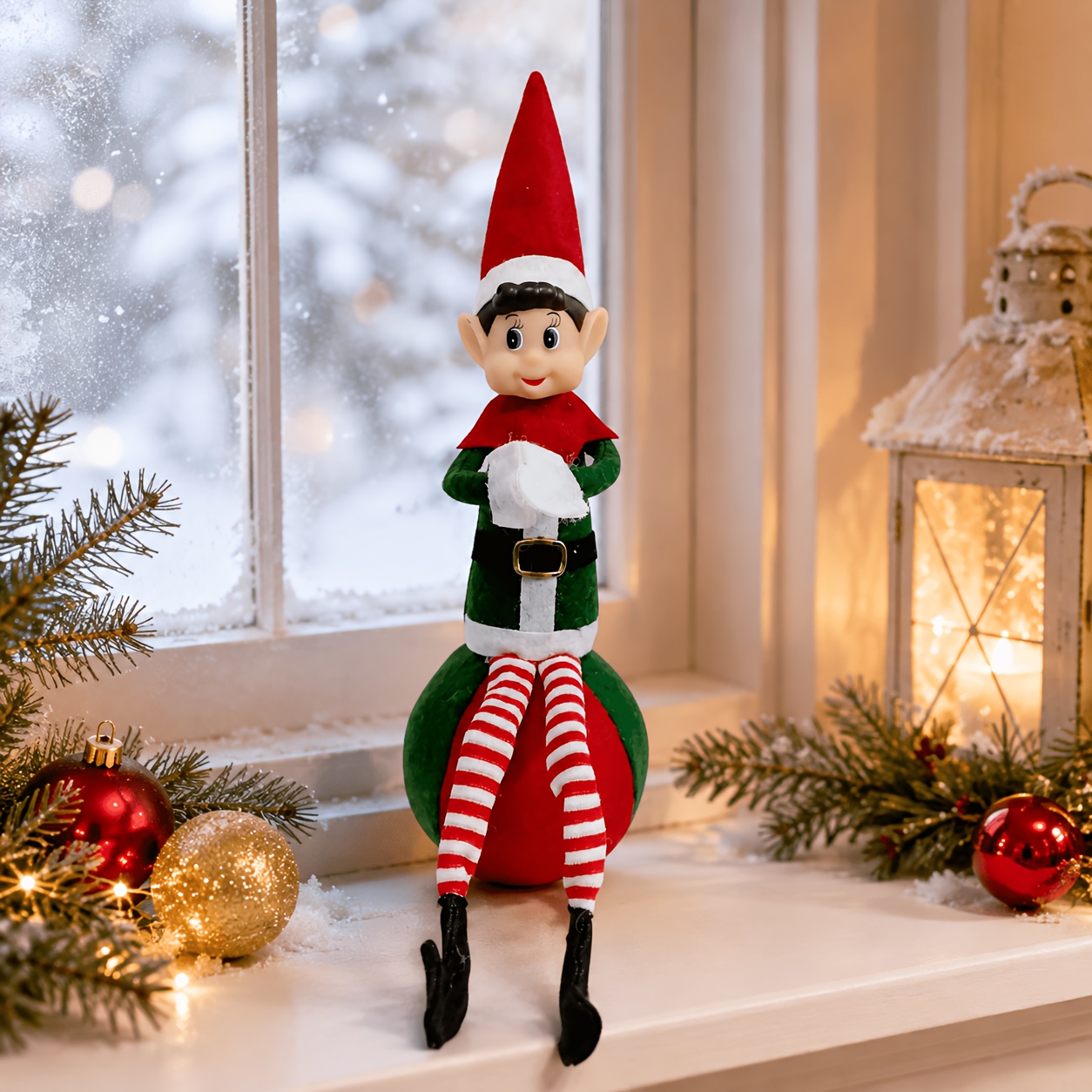 TEMU Nuovi ornamenti di elfi natalizi, elfo con gambe lunghe seduto su una palla, decorazione per albero di Natale, statua decorativa per adulti,