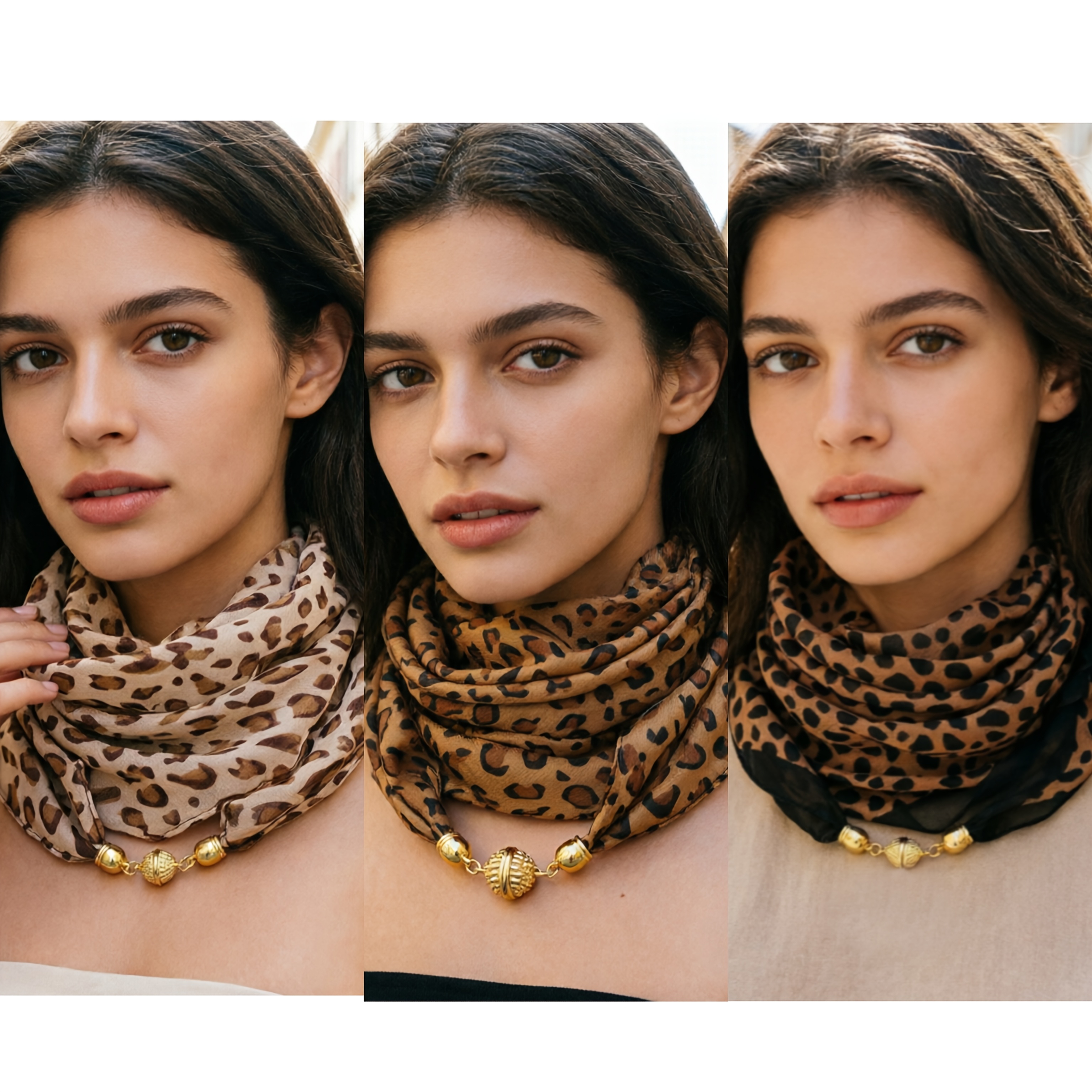 TEMU Conjunto de 3 bufandas de gasa con estampado de leopardo, material y transpirable, moderno y versátil, con cierre, para usar en todas