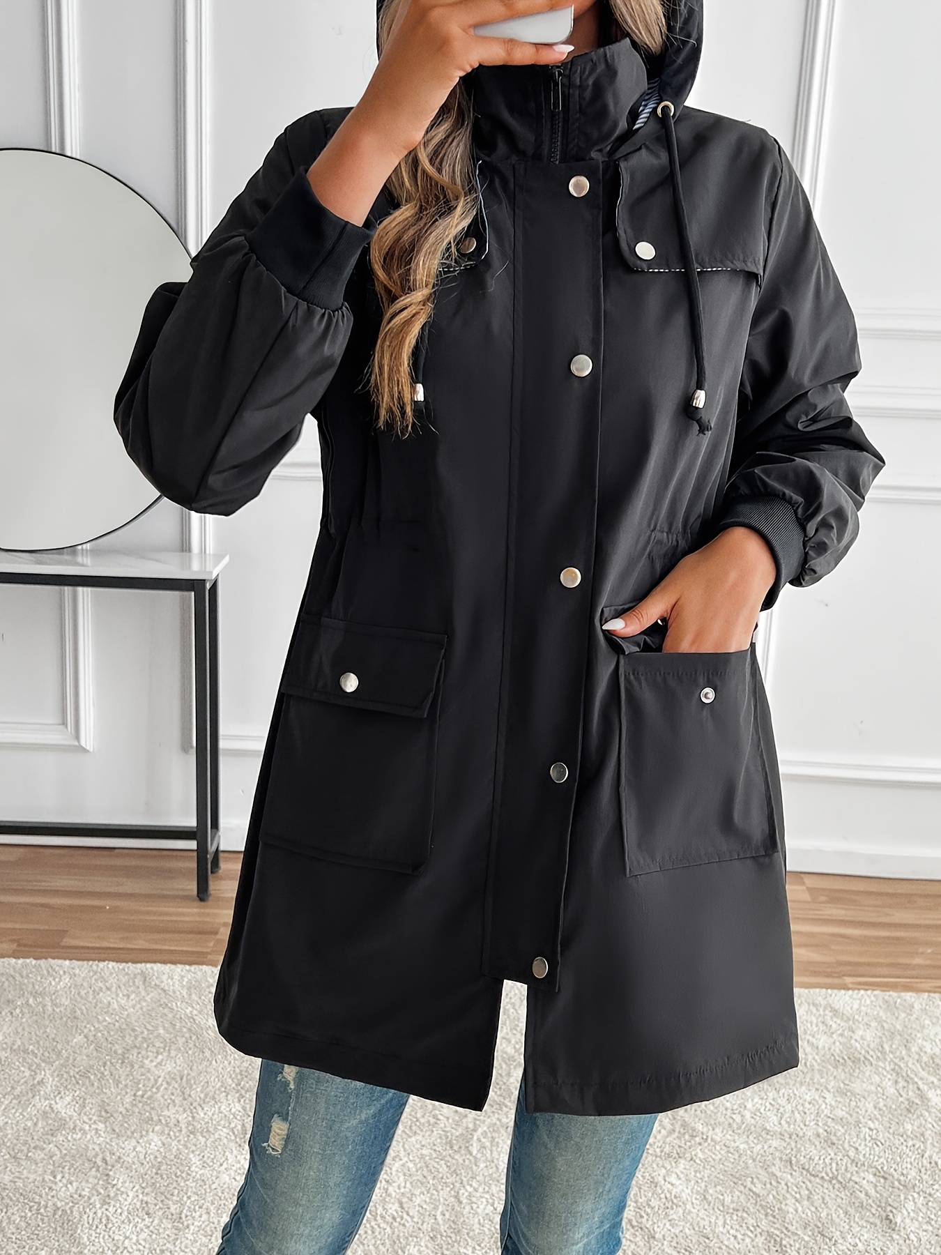 Women'S Casual Hooded Jacket with Zipper, Lightweight Solid Color Polyester  100% Long Sleeve Waterproof Coat for Spring/Summer/Fall, Woven Fabric, Non