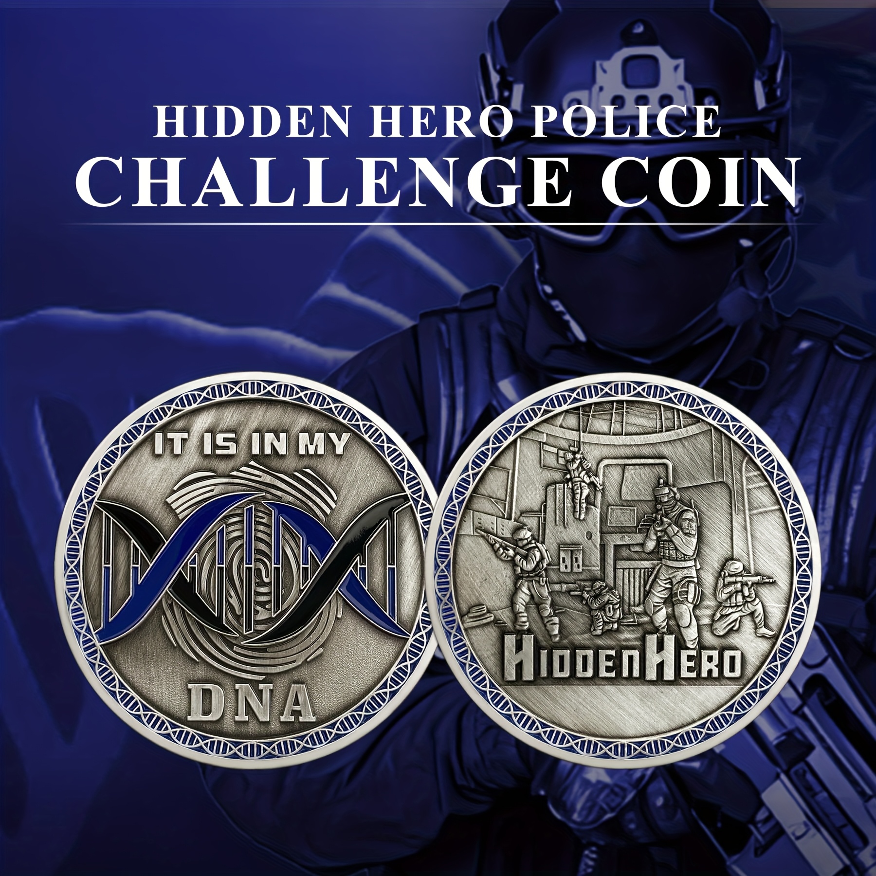 

Police Challenge Coin - Blue And Silvery, Engraved Front & Combat Scene Back, Alloy - Perfect Gift For Law