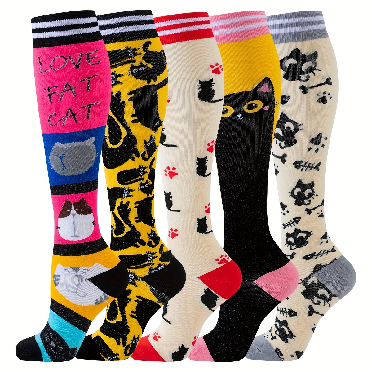 

5pairs Cat Pattern Men's Over The Calf Stockings Breathable Comfy Socks Casual Socks Sports Workout Compression Socks For Outdoor Fitness Exercises Basketball Football Running Hiking