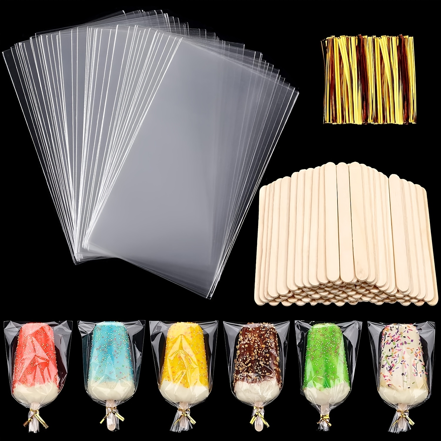 Image of 100pcs Diy Ice Cream Bags Disposable Clear Ice Pop Plastic Bags And 100pcs Wooden Sticks And 100 Golden Twist Ties For Diy Making Supply