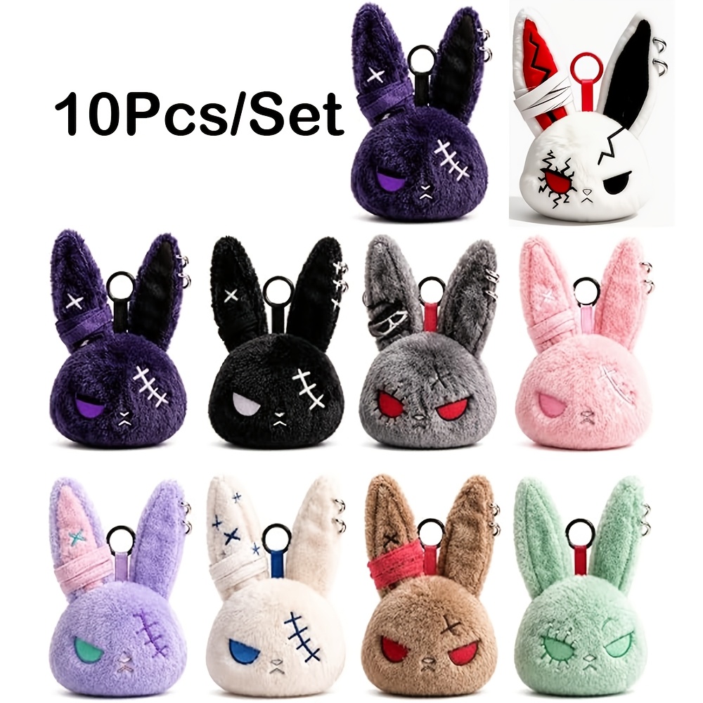 TEMU 10pack Diy Gothic Bandage Stitched Rabbit Plush Keychains, Dark Punk Cool Bunny Head Backpack Charms, Soft Fluffy Animal Bag Pendant Ornaments
