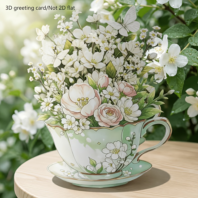 TEMU 1pc 3d Pop-up Teacup Floral Greeting Card, Flower And Design, Handmade Laser Cut Paper Craft, Suitable For Birthdays, Mother's Day, Appreciation