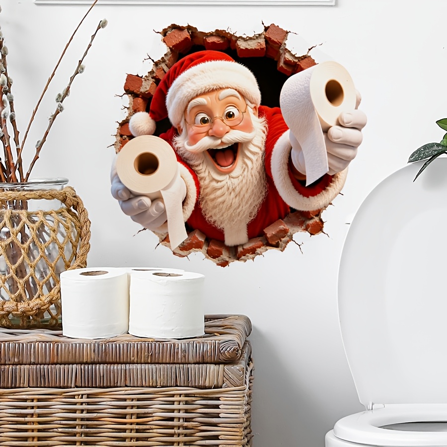 TEMU 2D Flat - 2D Flat - . Weihnachten Niedlich 2D Flat Crack Brick Weihnachtsmann Lieferndes Toilettenpapier Wandaufkleber Weihnachts Spaß Aufkleber