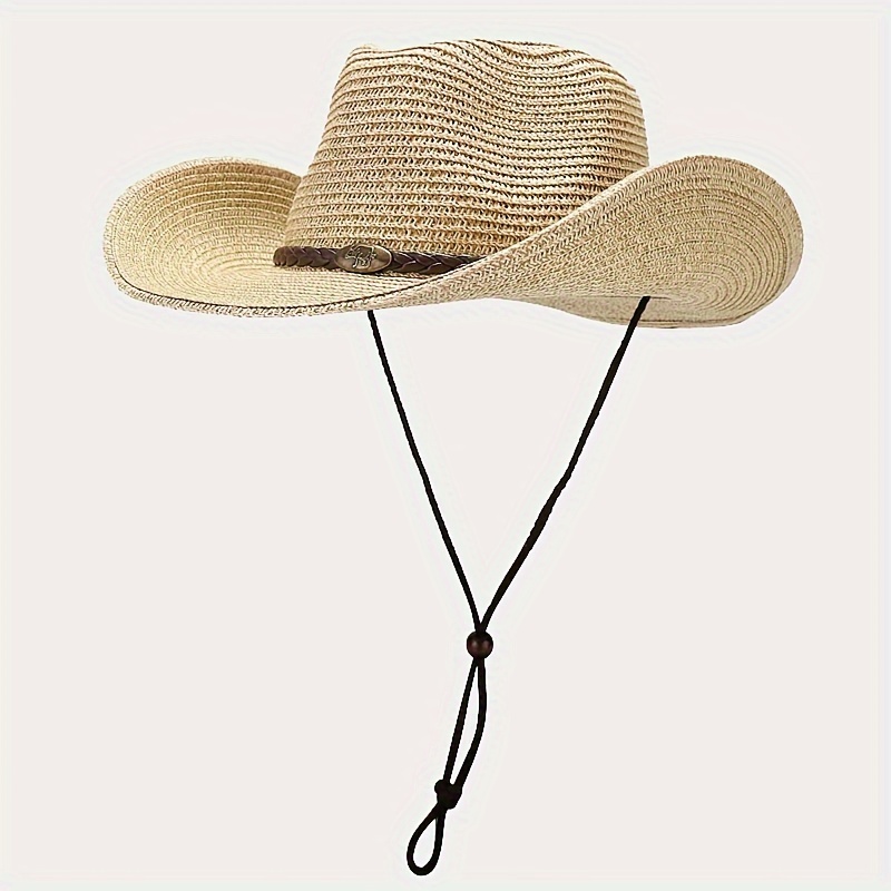 

1pc Men's Outdoor Brim Large Brim Sun Hat, Western Cowboy Style Straw Hat