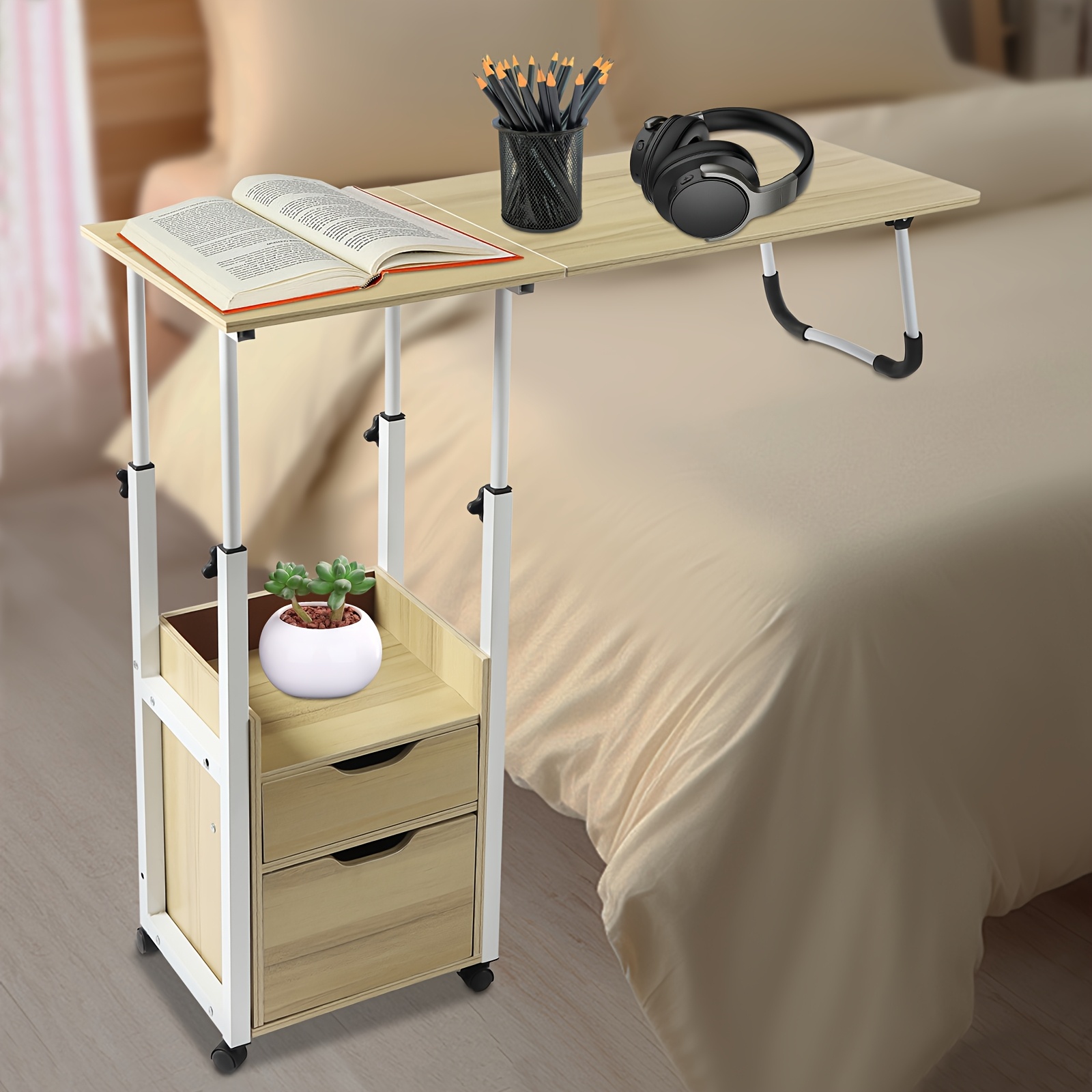 Mesa Auxiliar De Altura Ajustable Con Estación De Carga, Mesa Auxiliar Móvil Para Computadora Portátil En Forma De C Con Ruedas, Mesa De Sofá De 3 Niveles Con Estante De Almacenamiento