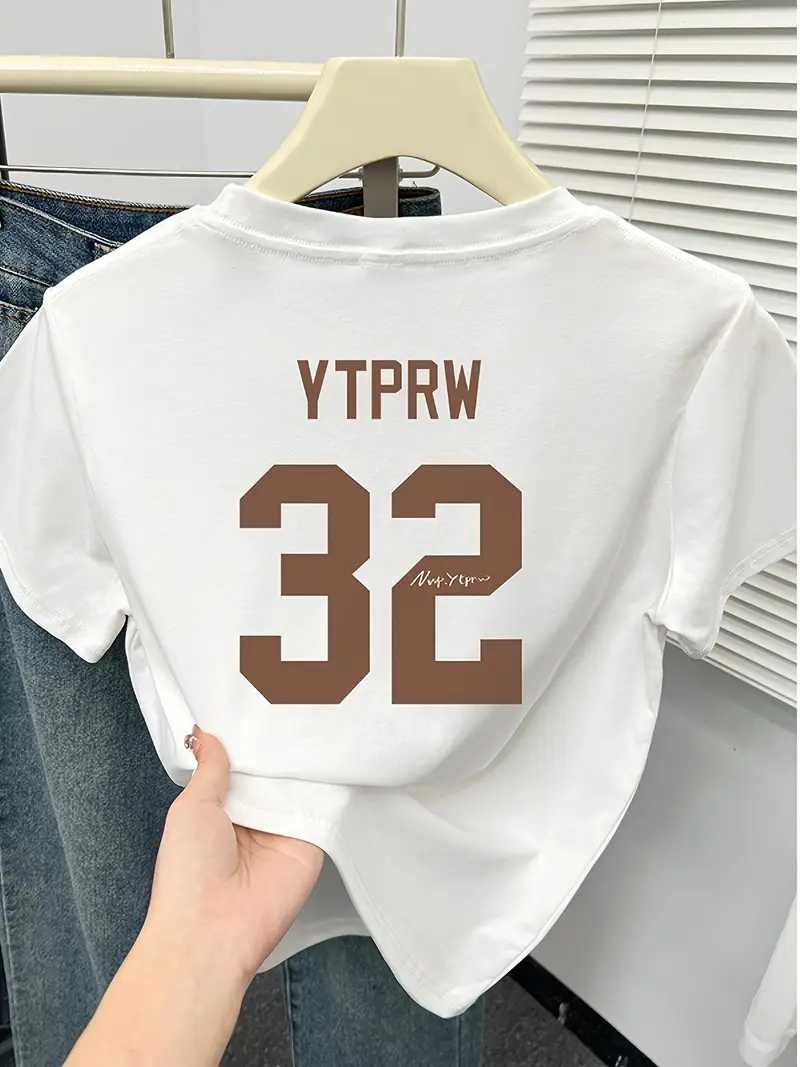 womens fit short sleeve t shirt navy blue casual round neck top with brown 32 letter print breathable summer tee for petite women machine washable layering essential versatile clothing trendy design smooth texture Product details 4