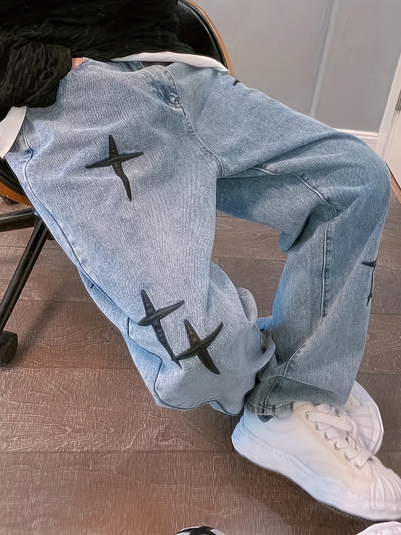 new mens star embroidery jeans baggy straight fashion wide - Temu