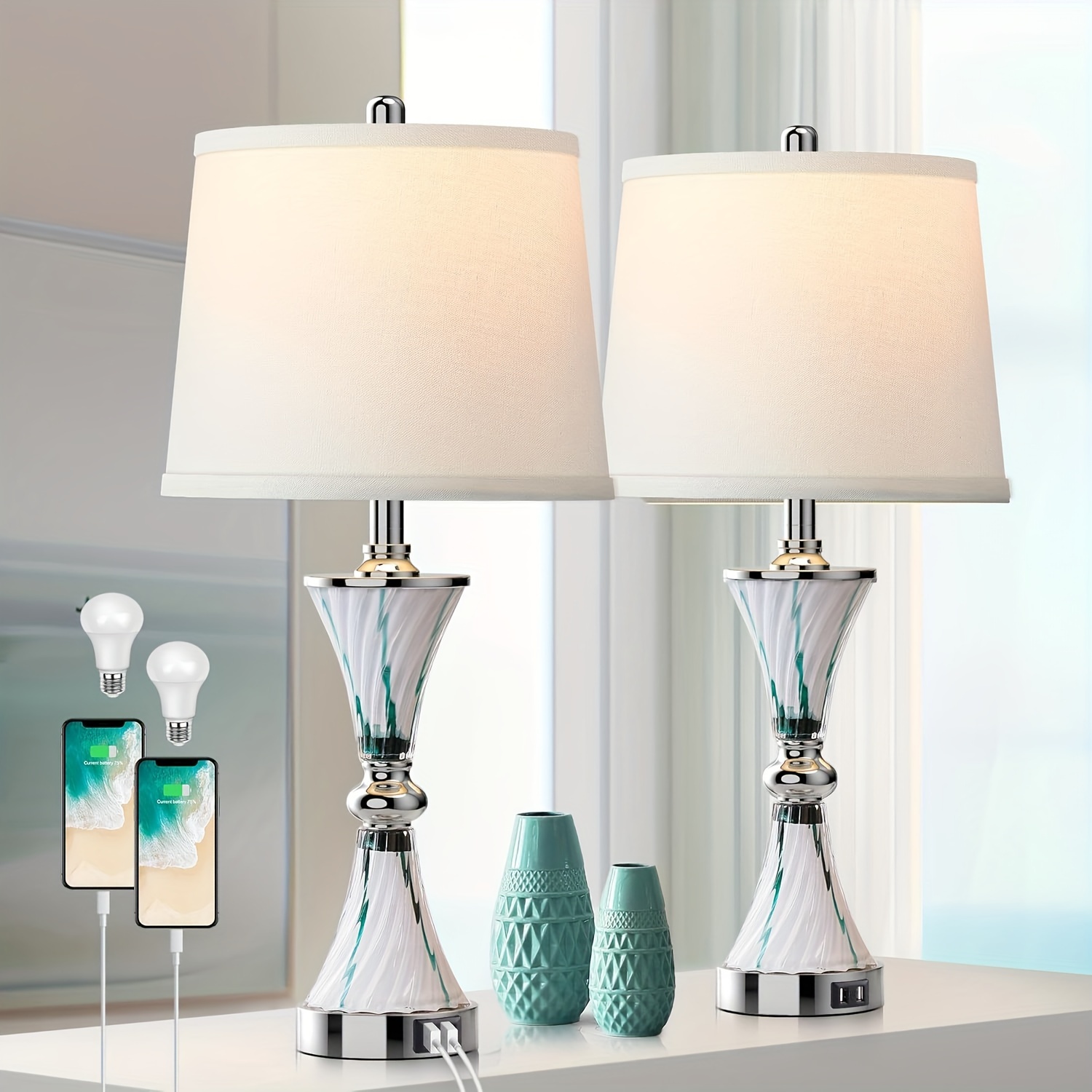 

Rottogoonset Of Table Lamps For Bedrooms With 2 Usb Ports 3-way Dimmable Touch Nautical Bedside Lamps For Contemporary Style Decoration Nightstand Lamps With 2 Led Bulbs