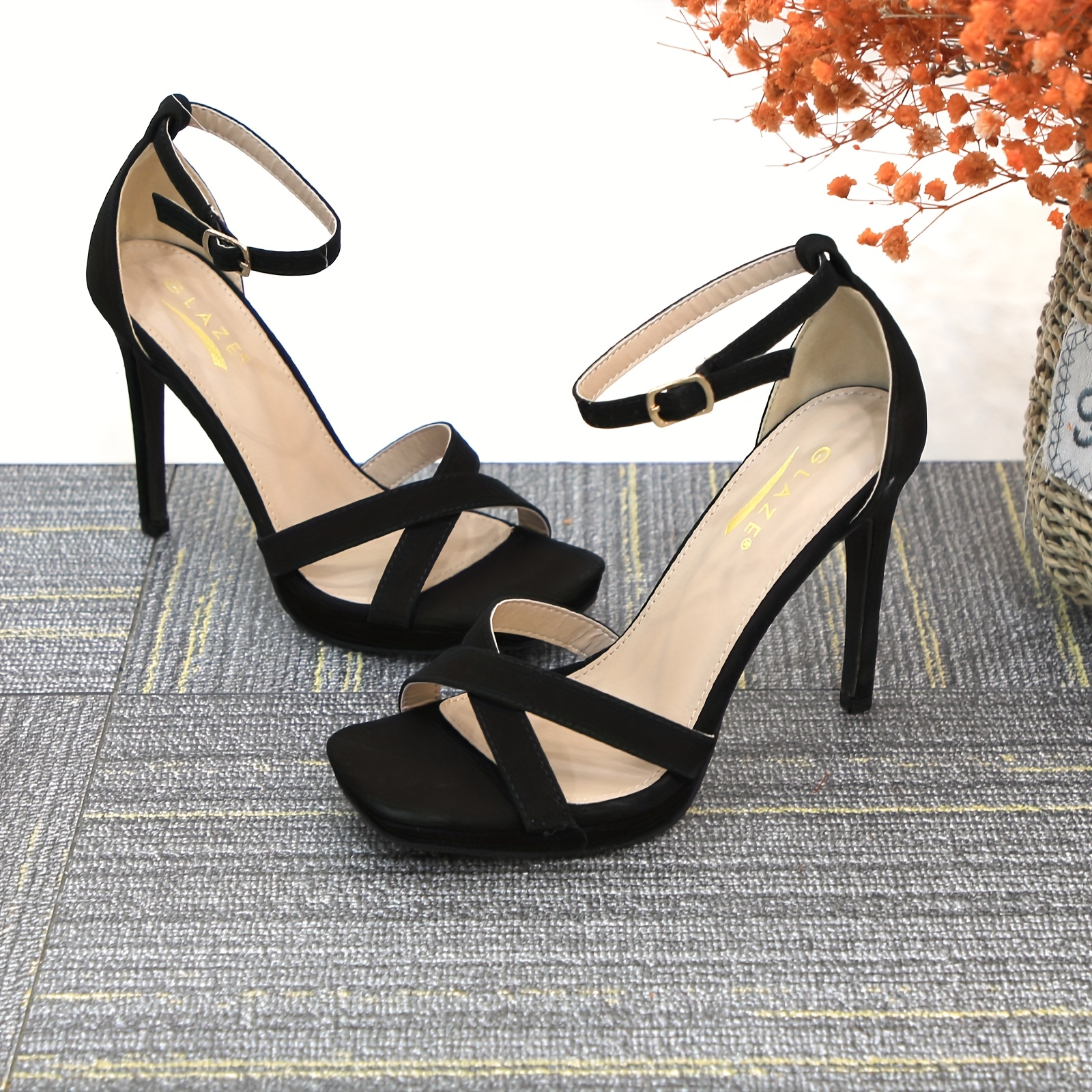 womens chunky high heel sandal strappy open toe ankle strap - Temu