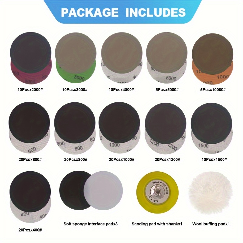 Image of 150pcs 3 Inch Sandpaper 400-10000 Grit, With 1/4 Inch Sanding Pad, Wool Pad And 3 Buffer Pads, Total 155pcs Set, Wet And Dry Sandpaper, For Drill Grinder Sanding