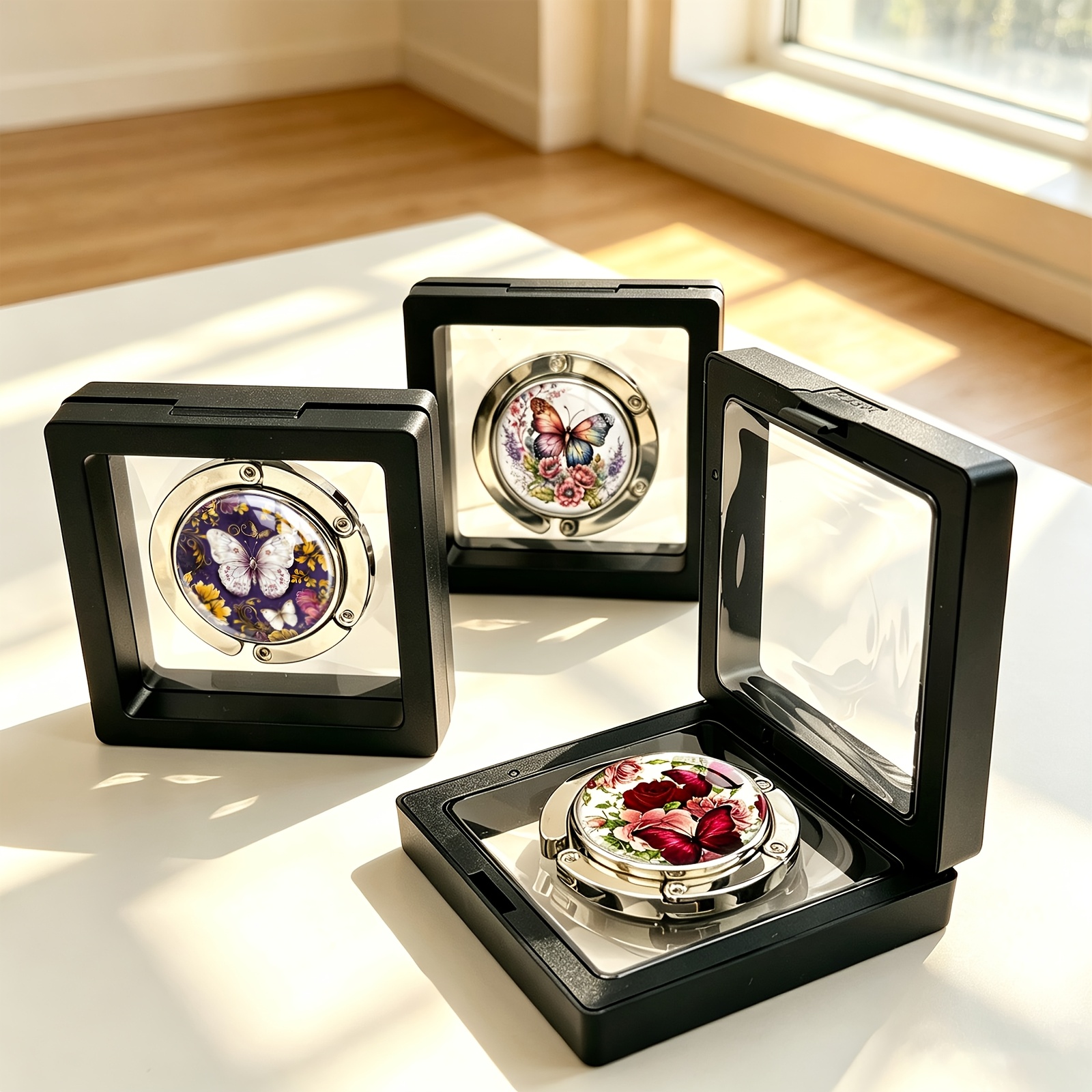 TEMU Set de 3 piezas de colgador de mesa plegable con de de cristal 3D con de regalo, soporte de bolso de portátil para escritorio, cafetería, regalo