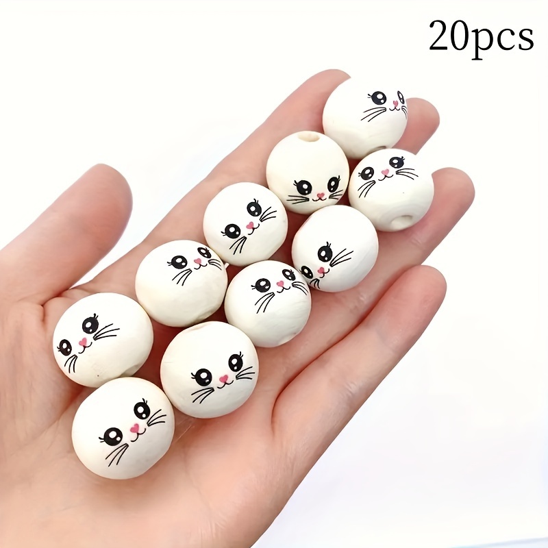 Image of 20pcs Wood Beads With Cute Cat Faces - Smiling Wood Beads Suitable For Making, Bracelets, Necklaces, Keychains - Craft Beads For Crafts & Animal-themed
