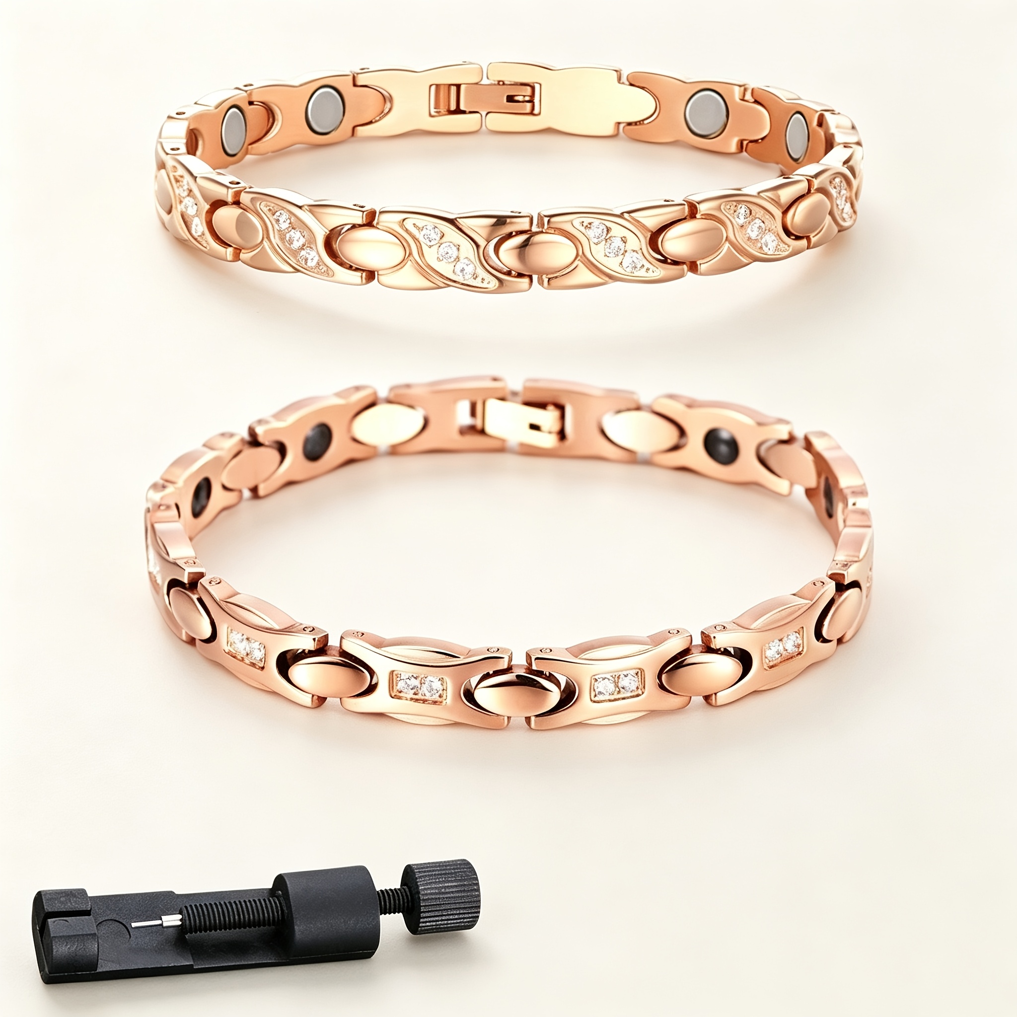 TEMU A Set Of 2 Elegant Rose Golden Pure Copper Magnetic Bracelets, Designed For Women. .99% Pure Copper Chain Is Inlaid With Sparkling 3a Zirconia,