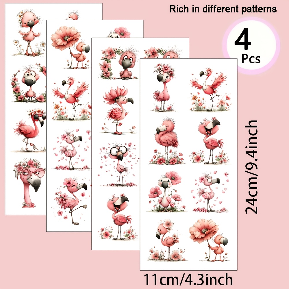 TEMU 4er-Set Rosa Flamingo-Blumenmotiv-Muster UV-Transfer – für DIY-Bastelarbeiten, Tassen, Laptops & Wasserflaschen, selbstklebender Kunststoff,
