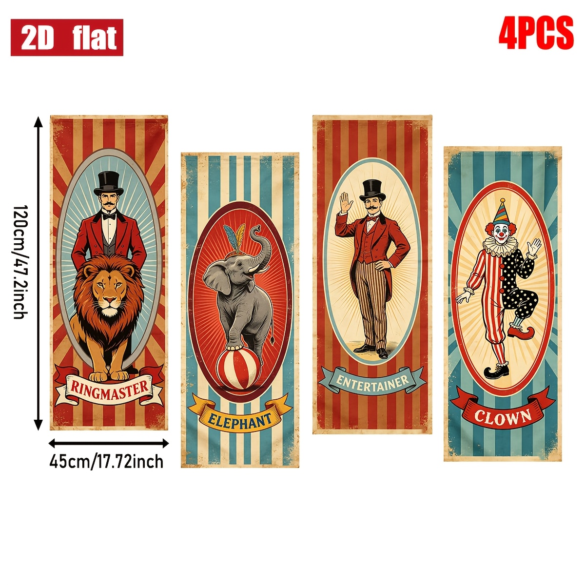 TEMU Plat 2D, 4 pièces, Bannière animale clown de cirque vintage, 17,72*47,21in/45*120cm, Panneau de porche de carnaval, Décoration rétro à suspendre