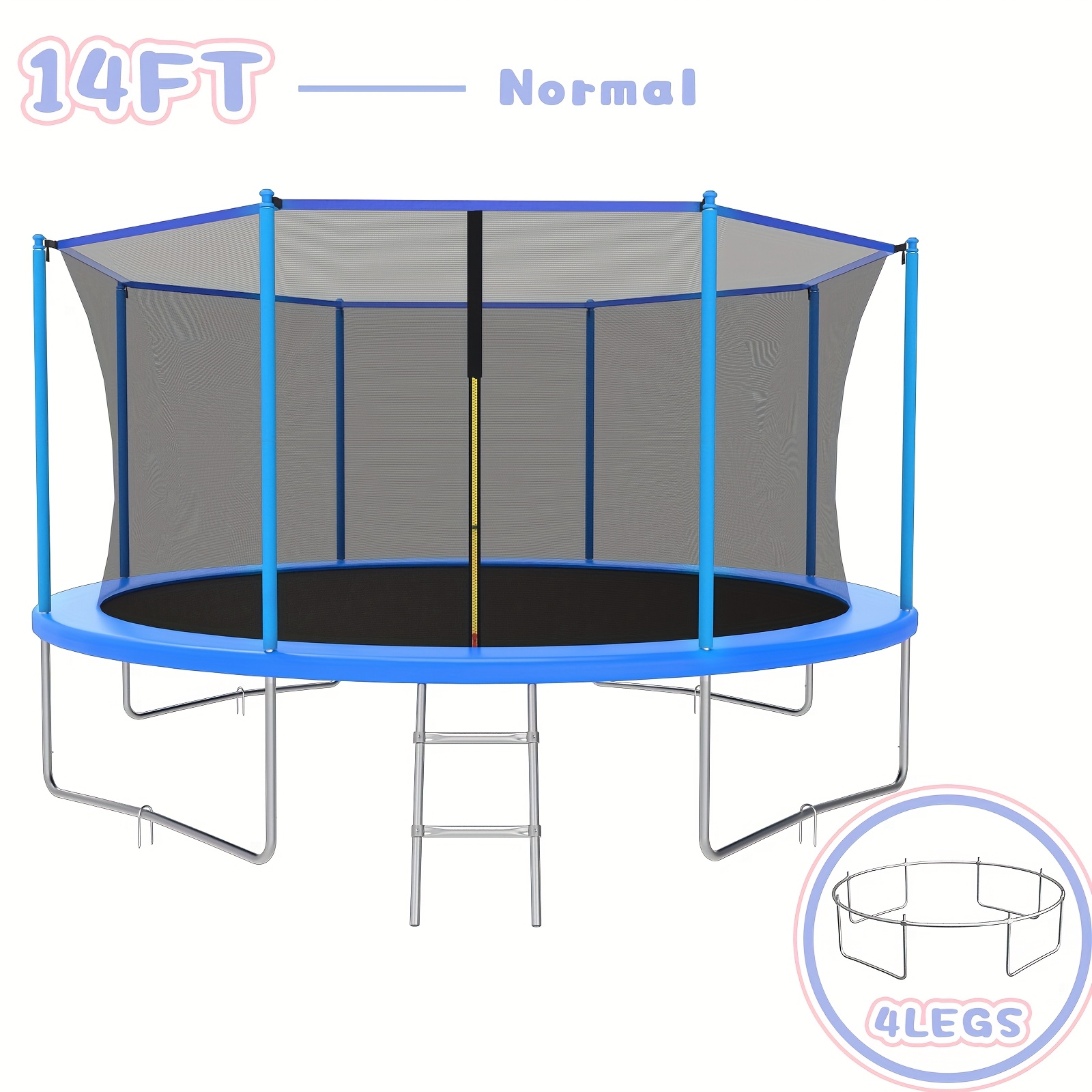 14ft/12ft/10ft Outdoor Kids Trampoline with Water Spray Device, Equipped with Safety Net and Heavy-Duty Rust-Resistant Frame, Suitable for Children and Adults, Includes Basketball Stand and Ladder Blue