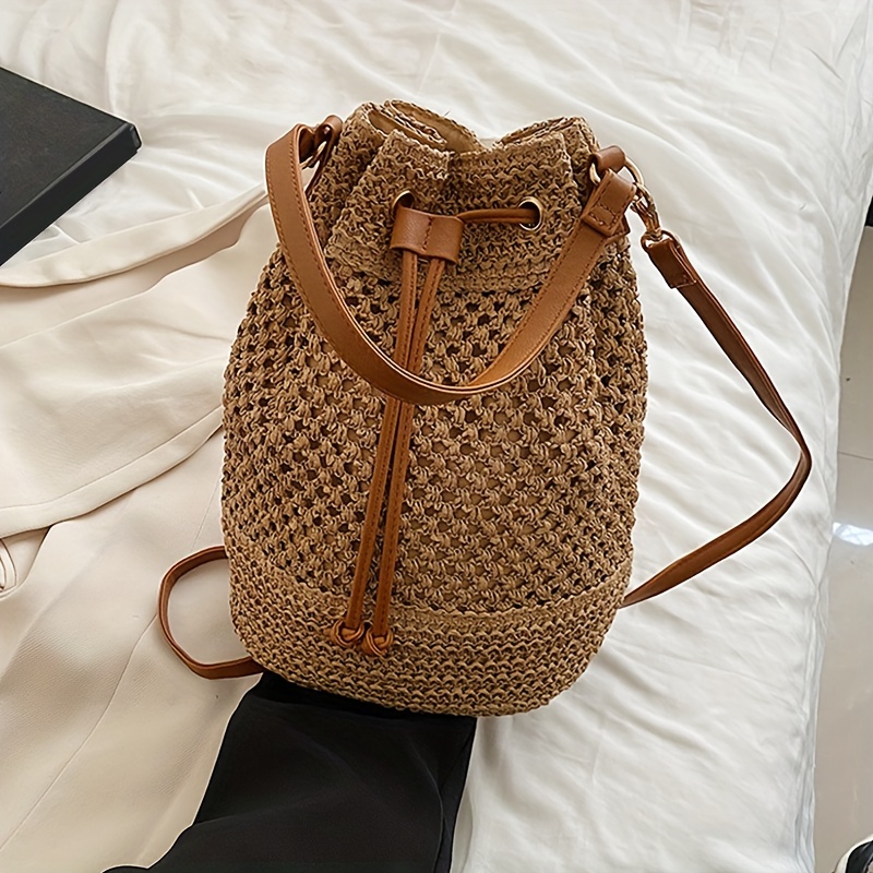 

Classic Minimalist Solid Color Bucket Bag, Summer Straw Design Beach Drawstring Satchel Bag For Women