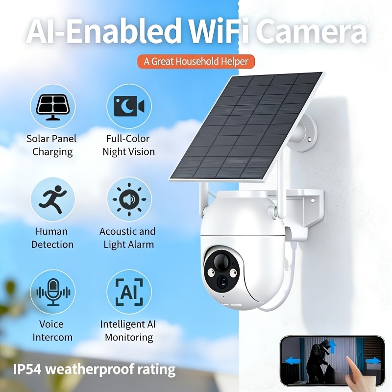 TEMU 1pc Security Surveillance Camera, High- Panel Charging, Large-capacity Battery Storage, Ai Detection, Audible & Visual Alarms, Pan/tilt Control