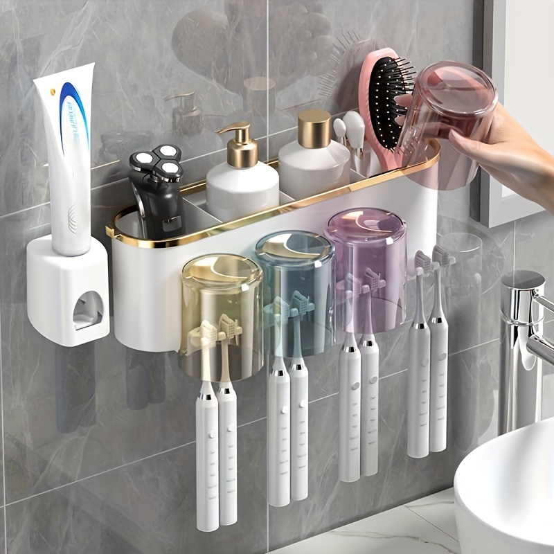 

1pc Wall-mounted Toothbrush Holder With Cups Set, Space-saving Plastic Bathroom Storage Organizer Rack And Toothpaste Dispenser, Home Bathroom Accessories