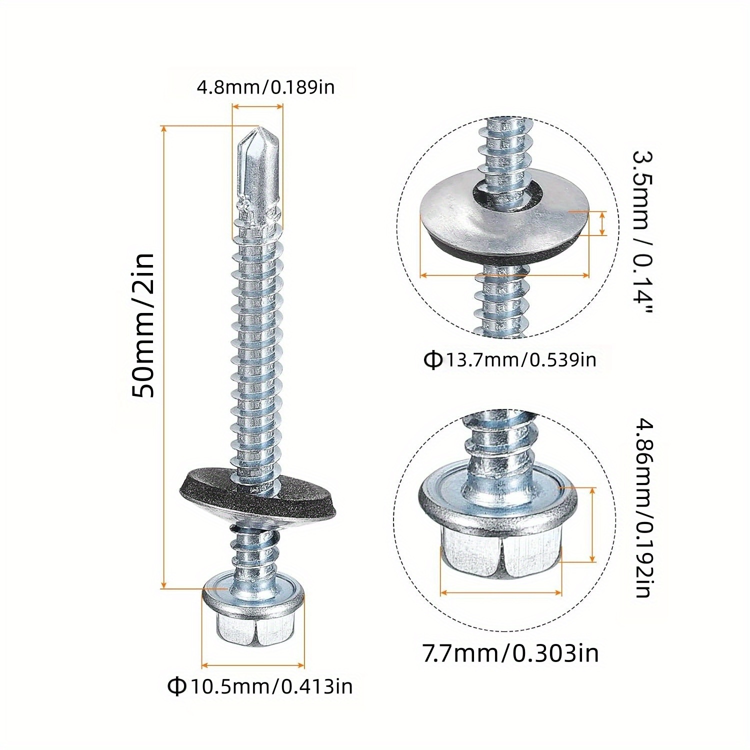 100pcs Heavy Hex Self-tapping Screws With Epdm Gaskets - Corrosion-resistant Plated, Pointed Tip Design, Unpainted, Suitable For And Professional Installation, Durable Fasteners, Modification