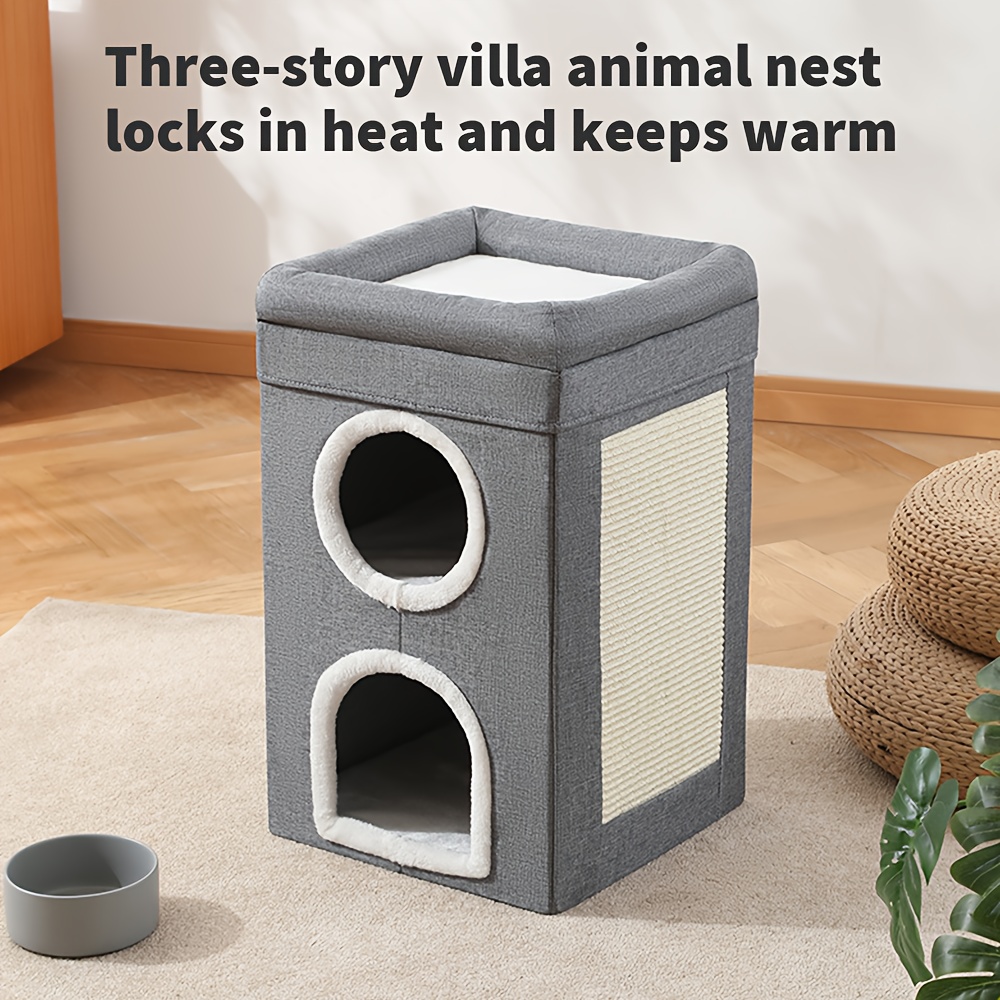 TEMU Large 3-in-1 Cat House Cat Cave Cats Foldable Cat Bed - Cozy, Washable & Easy-to-clean, Enclosed Pet Nest With Scratching Board, Polyester, Gray