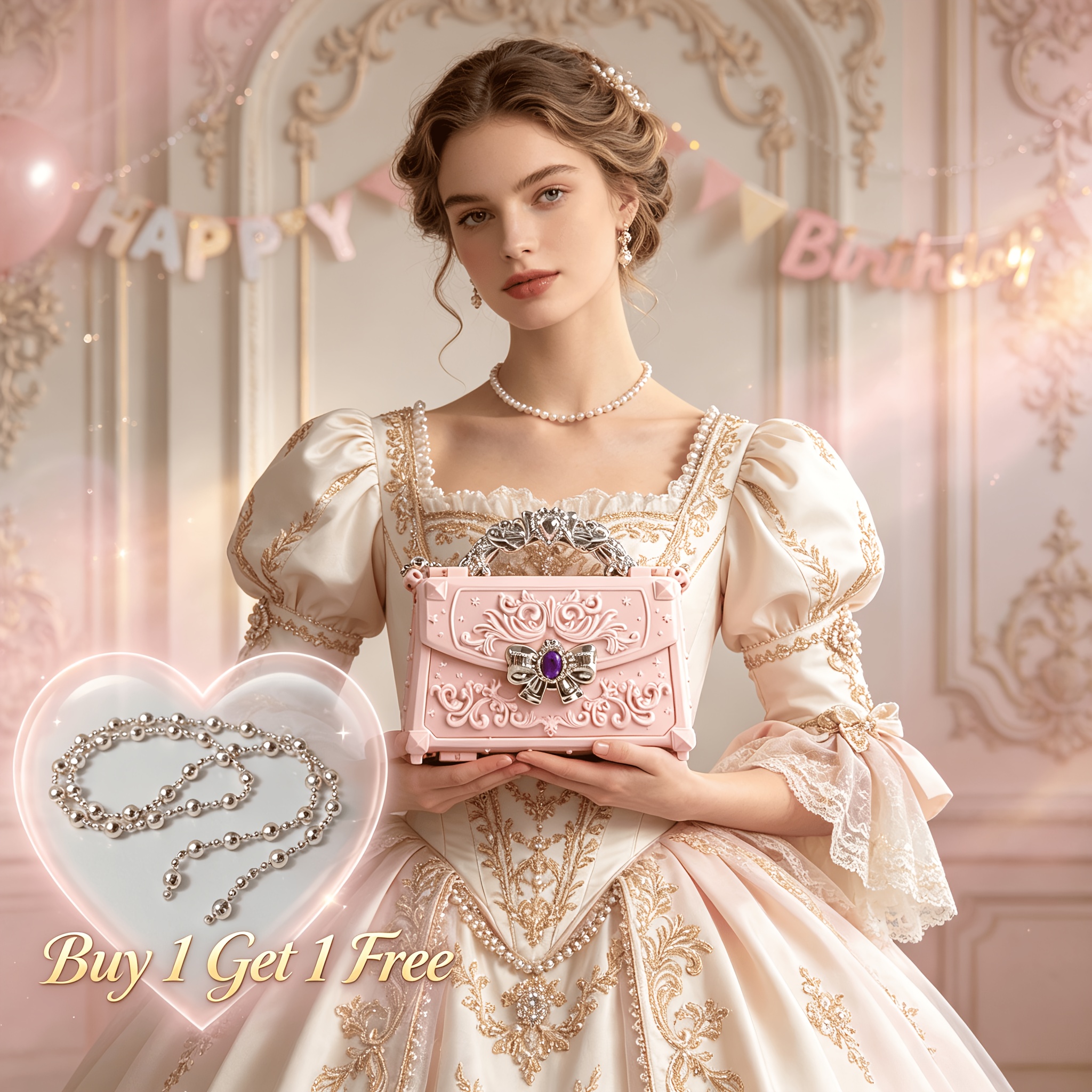 Image of Buy 1 Get 1 Free Sakura Light Crossbody Makeup Bag With Bead Chain - Baroque Rhinestone Bow & Studded Handle, Use Handheld/crossbody Bag Suitable For Women,,, Daily