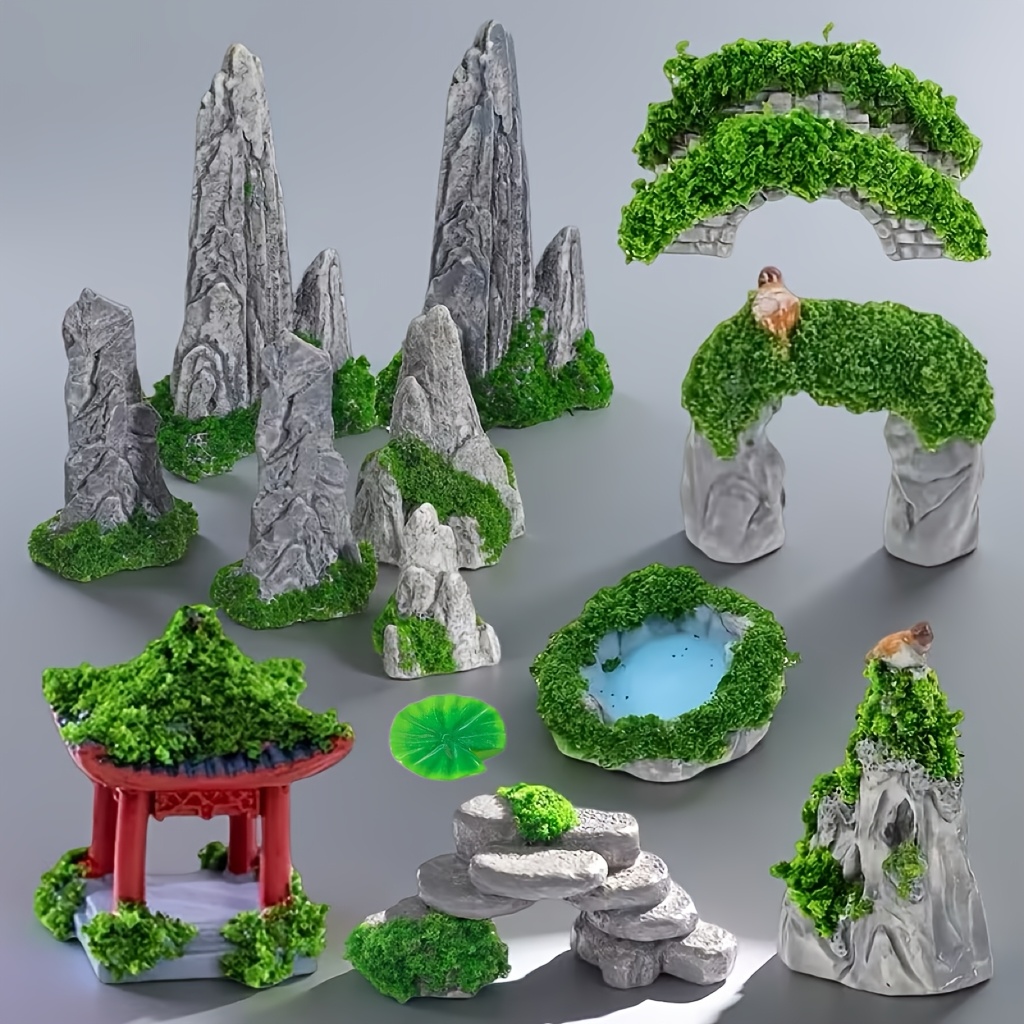 E-shop 13-teiliges Mini-Zen-Garten-Set mit Steinen & Figuren – Resin-Miniaturlandschaft mit Miniaturstatuen, geeignet für Zen-Gärten, Aquarium-Deko,