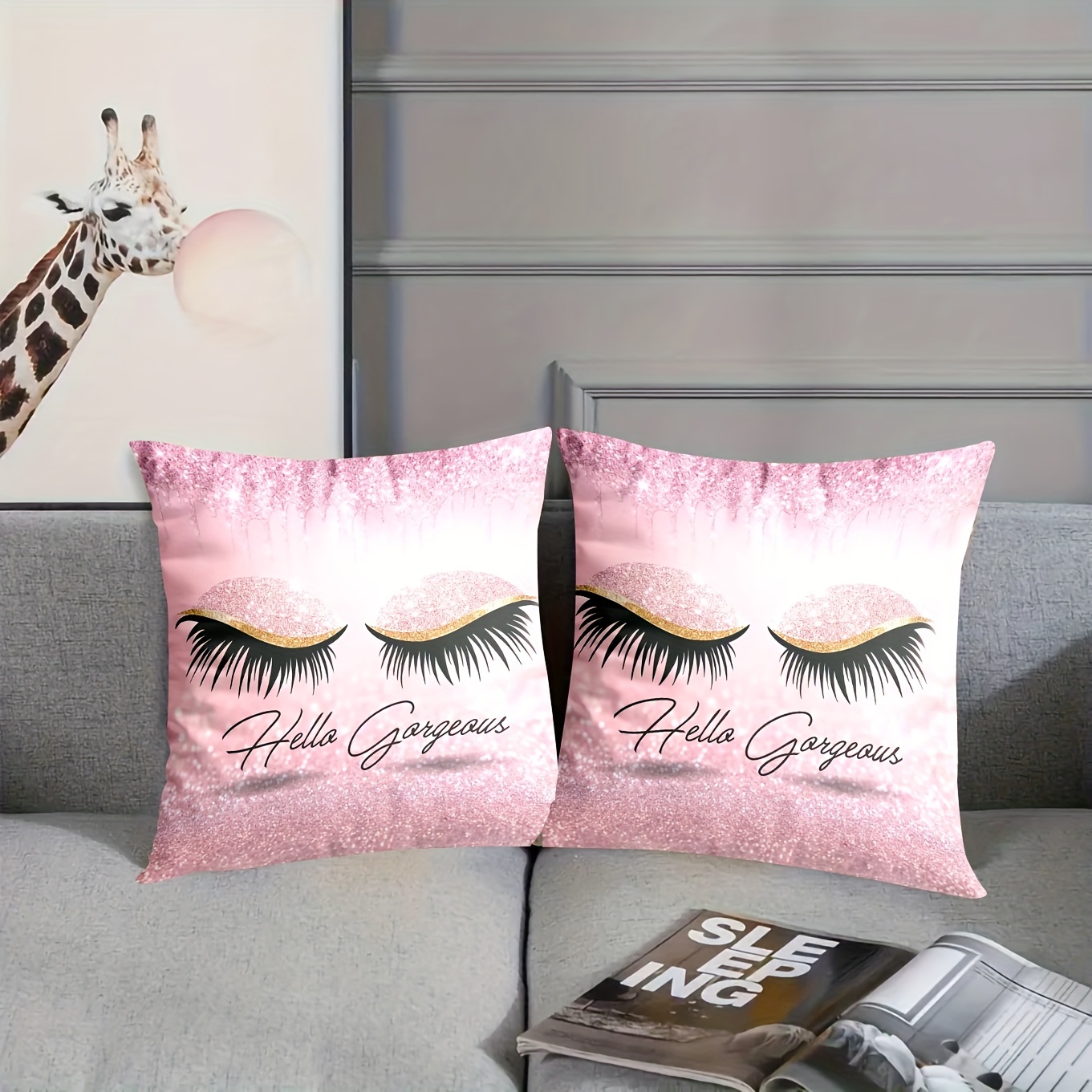 

2pcs "hello " Glitter Eyelash Cushion Covers, 18x18 Inches, Pink, Soft Comfortable Throw Pillow Cases, Contemporary Style, Machine Washable, Zipper Closure, Polyester Fabric For Living Room Decor